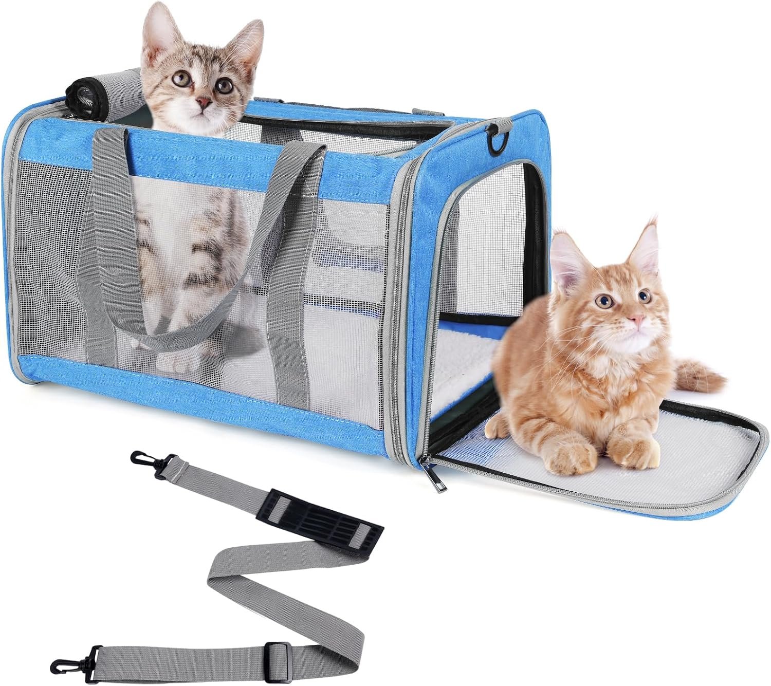Pet Carrier for Large Cats of 16 Lbs, Collapsible Carrier Bag for Medium Cat or Kittens,Soft Sided Puppy Carrier with Sturdy Travel Transport Strap, Adequate Ventilation, 4 Mesh Windows (Blue)