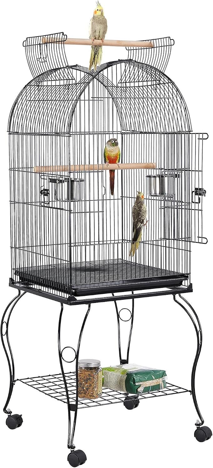 Yaheetech 59-Inch Rolling Standing Medium Dome Open Top Bird Cage for Parrots Cockatiels Sun Conures Parakeets Lovebirds Budgies Finches Canary Pet Bird Cage with Removable Stand