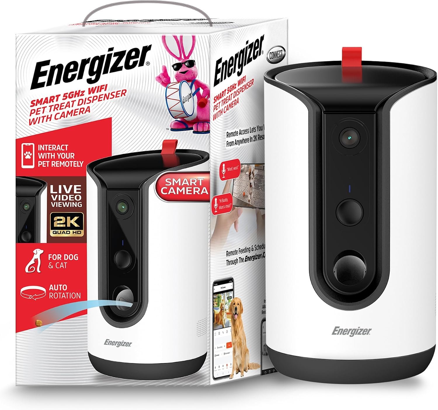 Energizer Smart Pet Treater with 2K Video Camera, 2-Way Audio, Night Vision, 5 Ghz & 2.4 Ghz Dual Band Wi-Fi, Motion Tracking, Recorded Messages, Dogs & Cats Remote Feeding, Cloud/MicroSD Card Storage