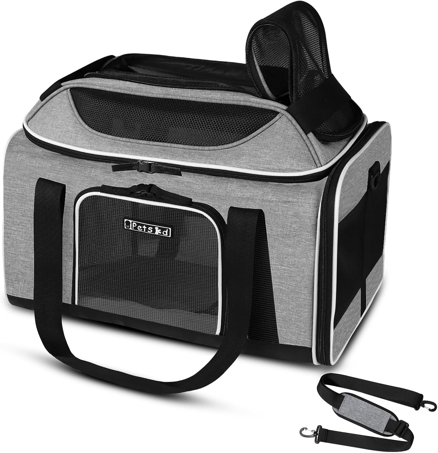 Petskd Top-Expandable Small Pet Carrier 18″x11″x11″ Airline Approved | for Delta/American/United Airlines, Lockable Safety Zippers and Anti-Scratch Mesh, Soft-Sided, Pets Under 10 Lbs, Grey