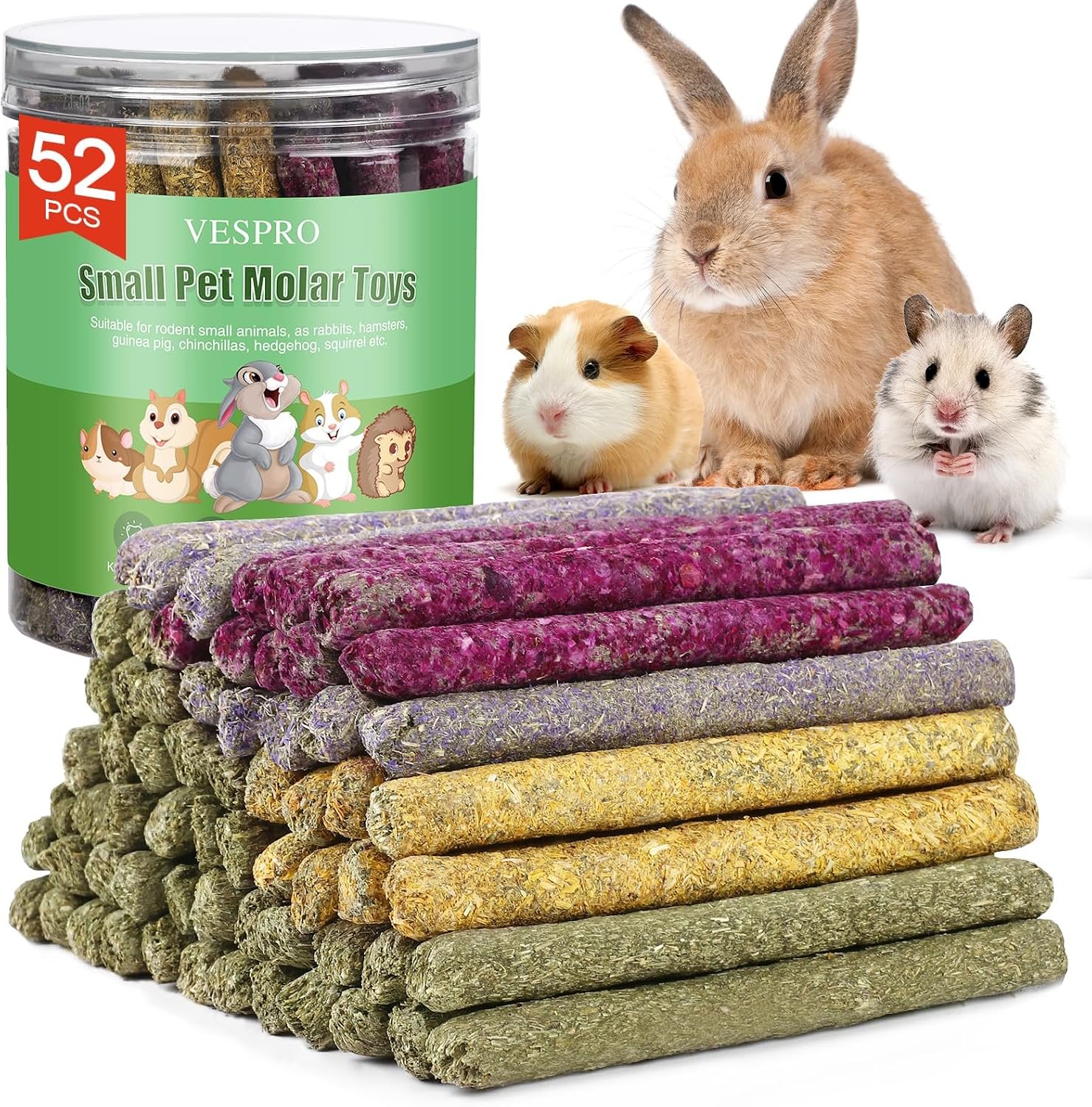 52Pcs Rabbit Chew Sticks, Guinea Pig Toys, Natural Timothy Teeth Stick | Rabbit Bunny Chew Sticks Toys for Teeth Mixing Flowers, Roses, Calendula and Forget Me Not, Small Animals Treats