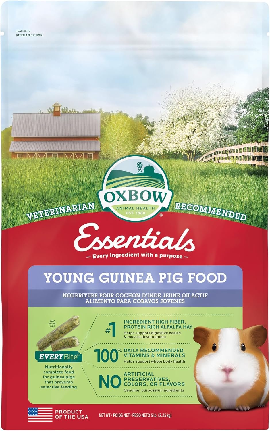 Oxbow Essentials Young Guinea Pig Food, High Fiber Guinea Pig Pellets, 5 lb | Guinea Pig Pellets, Vitamin C For Guinea Pigs, Stabilized, High Fiber, Made in USA, Uniform Food, Prevents Selective Feeding