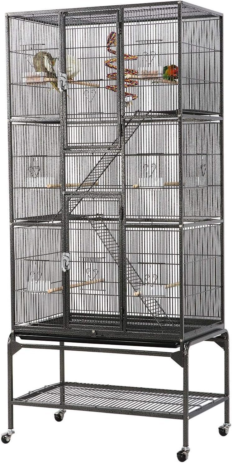 Yaheetech 69″ Large Bird Cage for Parakeets, Budgies, 3-Tier Flight Cage | Detachable Rolling Stand, Easy Cleaning Slide-out Tray, Multi-door Access, 0.4” Bar Spacing, Free Accessories