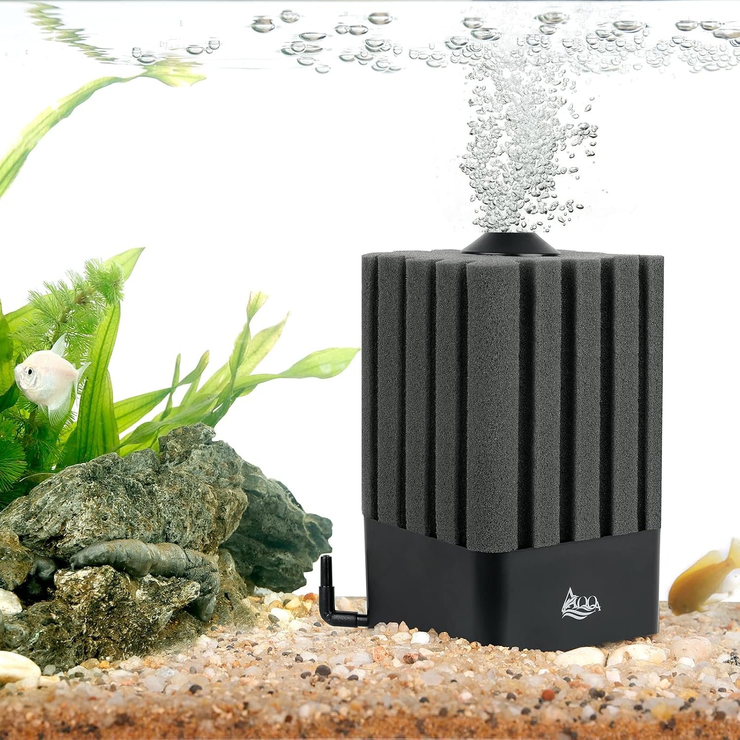 AQQA Aquarium Sponge Filter Submersible Fish Tank Filter | Ultra Quiet Aeration Bio Sponge Corner Filter for Breeding Fry Betta Shrimp Fish Tank (Small for 5-20 Gallon)