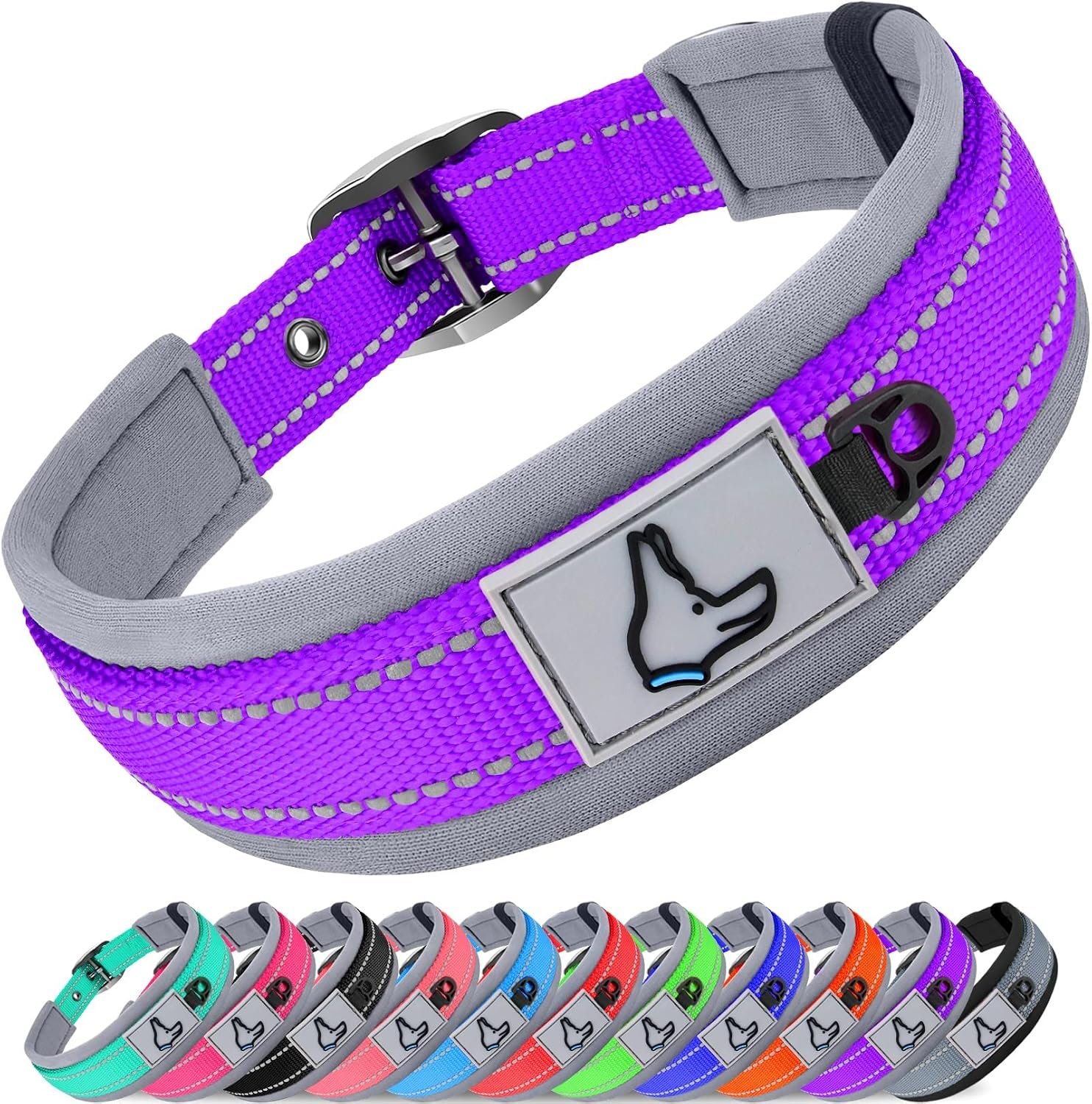 Joytale Reflective Dog Collar for Medium Dogs with Wide Padding, Purple | Soft Cushion Reduce Neck Strain, Night Safety Walking, Metal Buckle and Adjustable Eyelets, Separated Dog ID Tag Ring