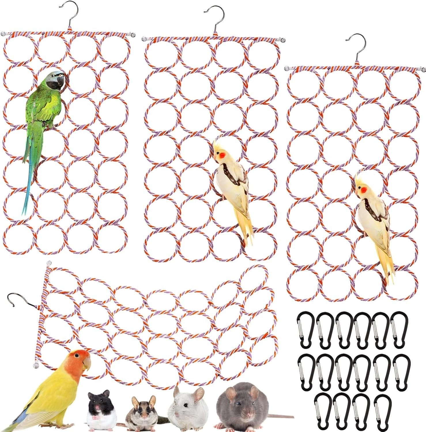 Yopay 4 Pack Parrot Bird Swing Hanging Toys, Rat Climbing Ladder Rope Perch, Net Toy for Cage, Mouse, Mice, Parakeets Cockatiels Conures Lovebirds, Multiple Purpose Scarf Hanger