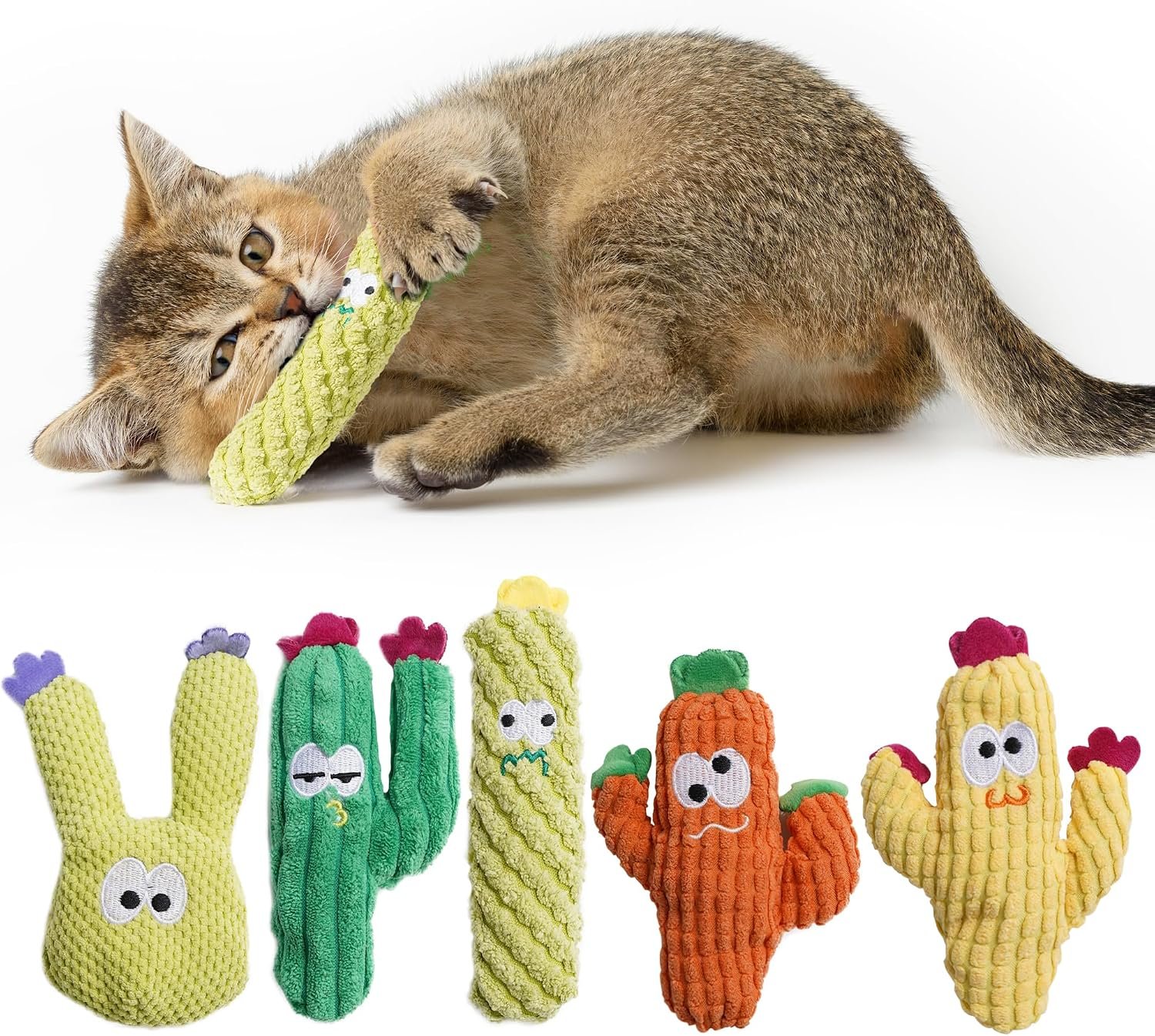 Cactus Catnip Toys, 100% Pure Organic Catnip-Filled Toys Without Cotton | 5 Pack Interactive Kitten Toy for Anxiety Relief, Soft Cute Teething &Chew Toys for Indoor Cats