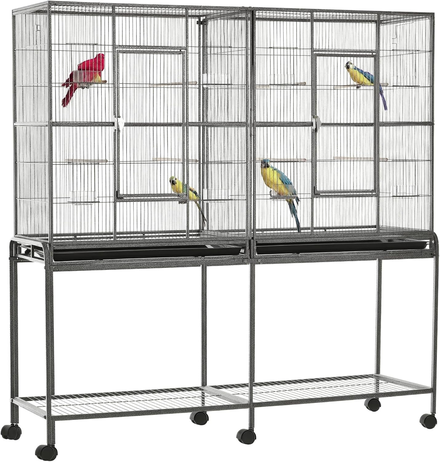 PawHut 65″ Double Rolling Metal Bird Cage with Divider, Large Parrot Cage for Parakeet, Canaries, Lovebirds, Budgie, Finch, with Detachable Rolling Stand, Storage Shelf, Wood Perch & Food Container | for Parakeet, Canaries, Lovebirds, Budgie, Finch, Detachable Rolling Stand, Storage Shelf, Wood Perch, Food Container
