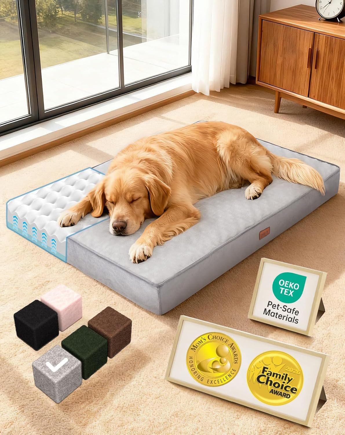 OhGeni Orthopedic Waterproof Large Dog Bed, Memory Foam, 41 inch(Gray) | Machine-Washable Removable Cover in Easy-Clean Fabric, Reversible Memory Foam & Easy-Carry Handle, Suitable for Crate