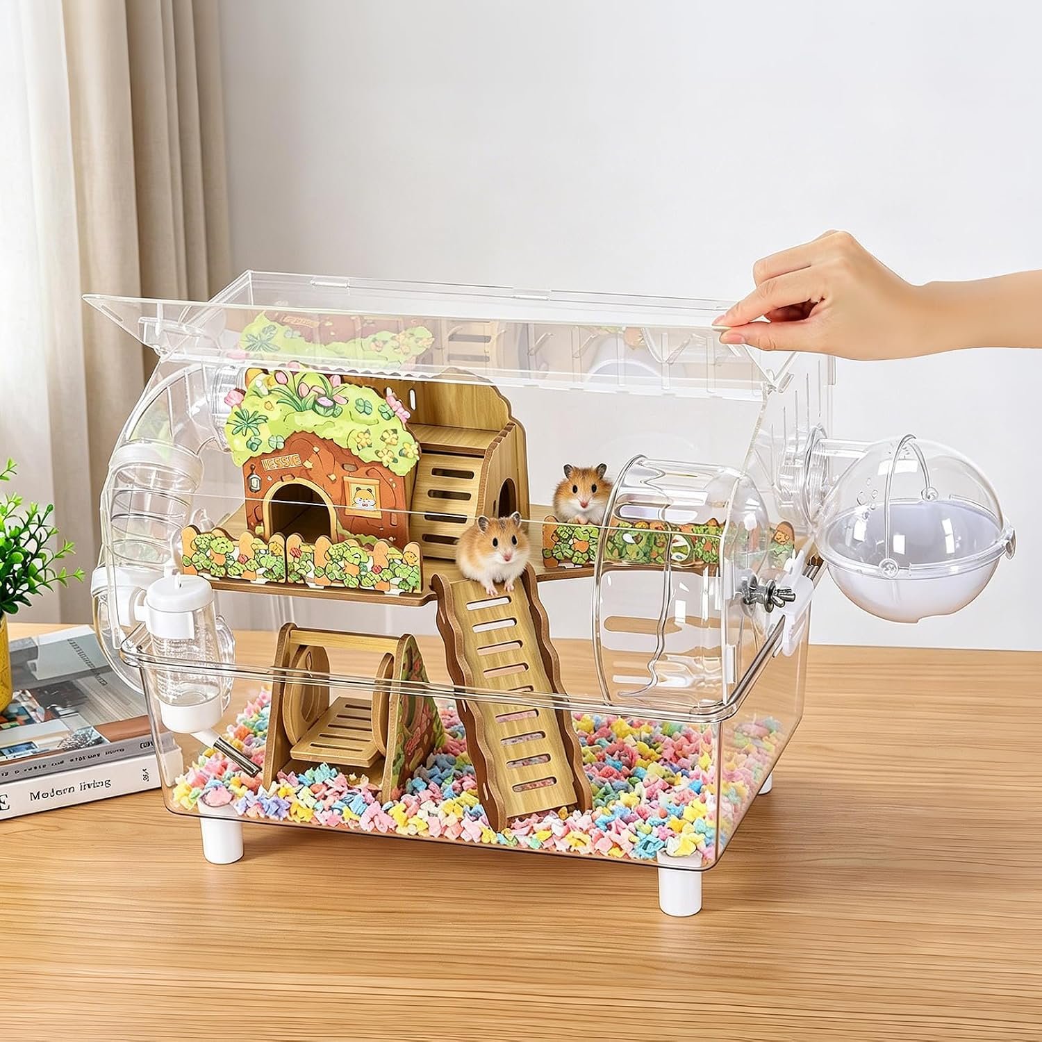 Acrylic Hamster Cage Small Dwarf Hamster Cages and Habitats | Clear Syrian Hamster House with 360° Transparent Viewing, Tunnels, Running Wheel & Hideout, 23.2”L*9.2”W*12.8”H