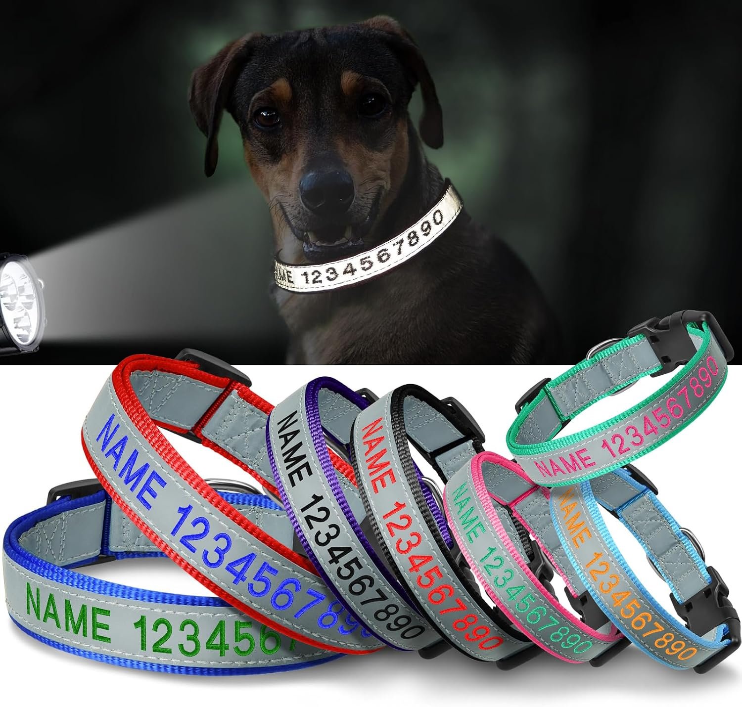 Personalized Reflective Dog Collar Custom Embroidered Name and Number, M | Adjustable Soft Nylon for Medium Dogs Pet Boy Girl Puppy, Reflective for Night Walks, No Chafing on Walks and Backyard Play