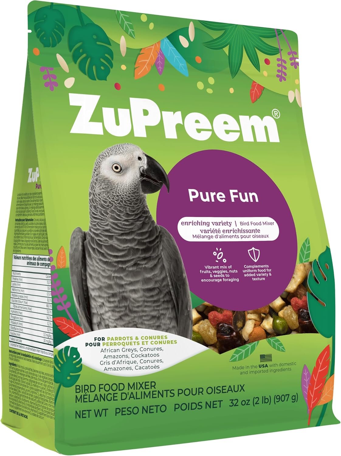ZuPreem Pure Fun Parrot & Conure Food, Bird Food Mixer, M/L, 2 lbs | Bird Food Mixer, Parrot Food, Conure, Cockatoo, African Grey, Caique, Eclectus, Pellet Mix, Seed, Bananas, Peas, Carrots