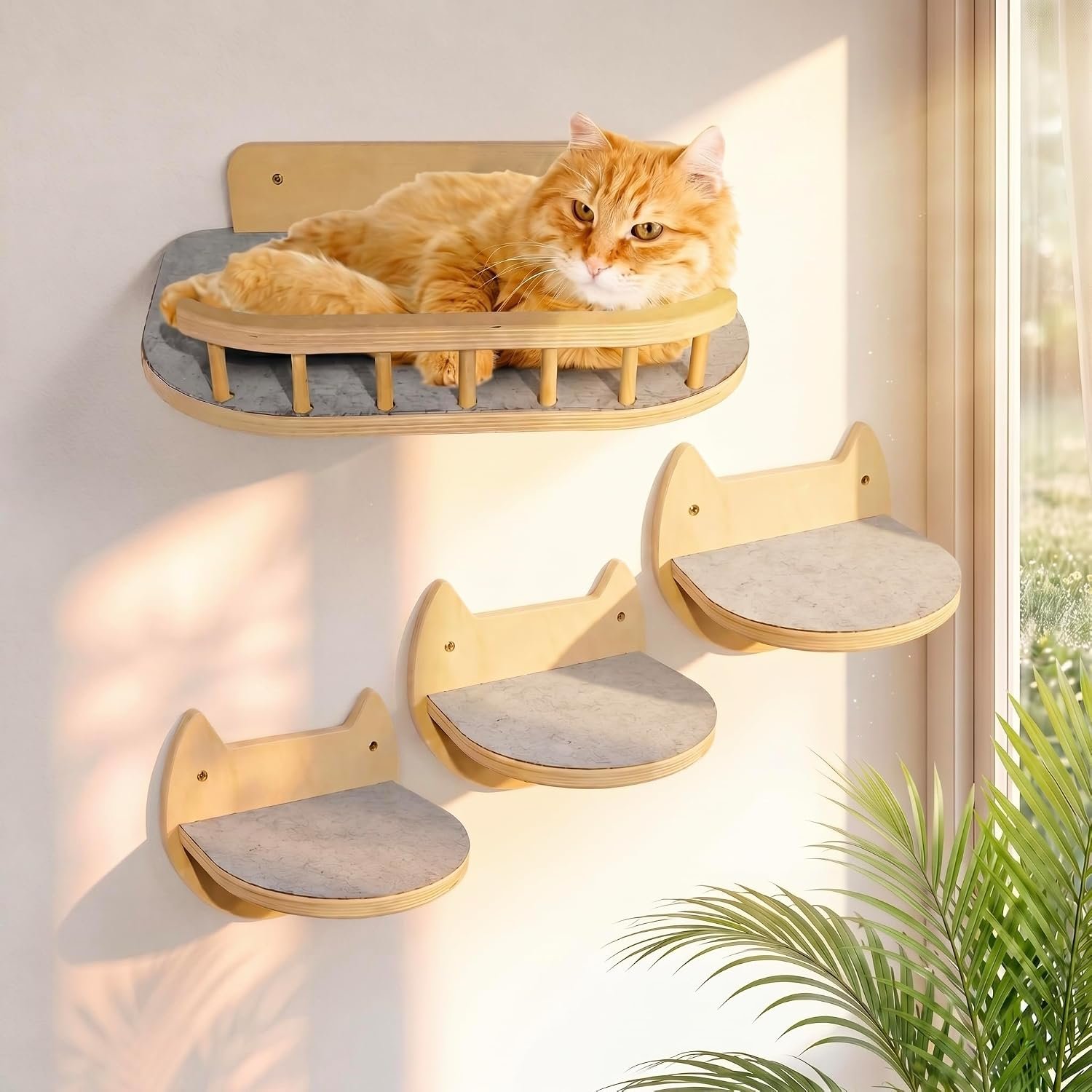 Cat Wall Shelves, 3 Cat Wall Steps & Perch, up to 18lbs – Natural | Complete Pre-Drilled Anchor Kit for Easy Mount, Cozy 16.5×11.8in Bed, Sustainable FSC Birch Wood