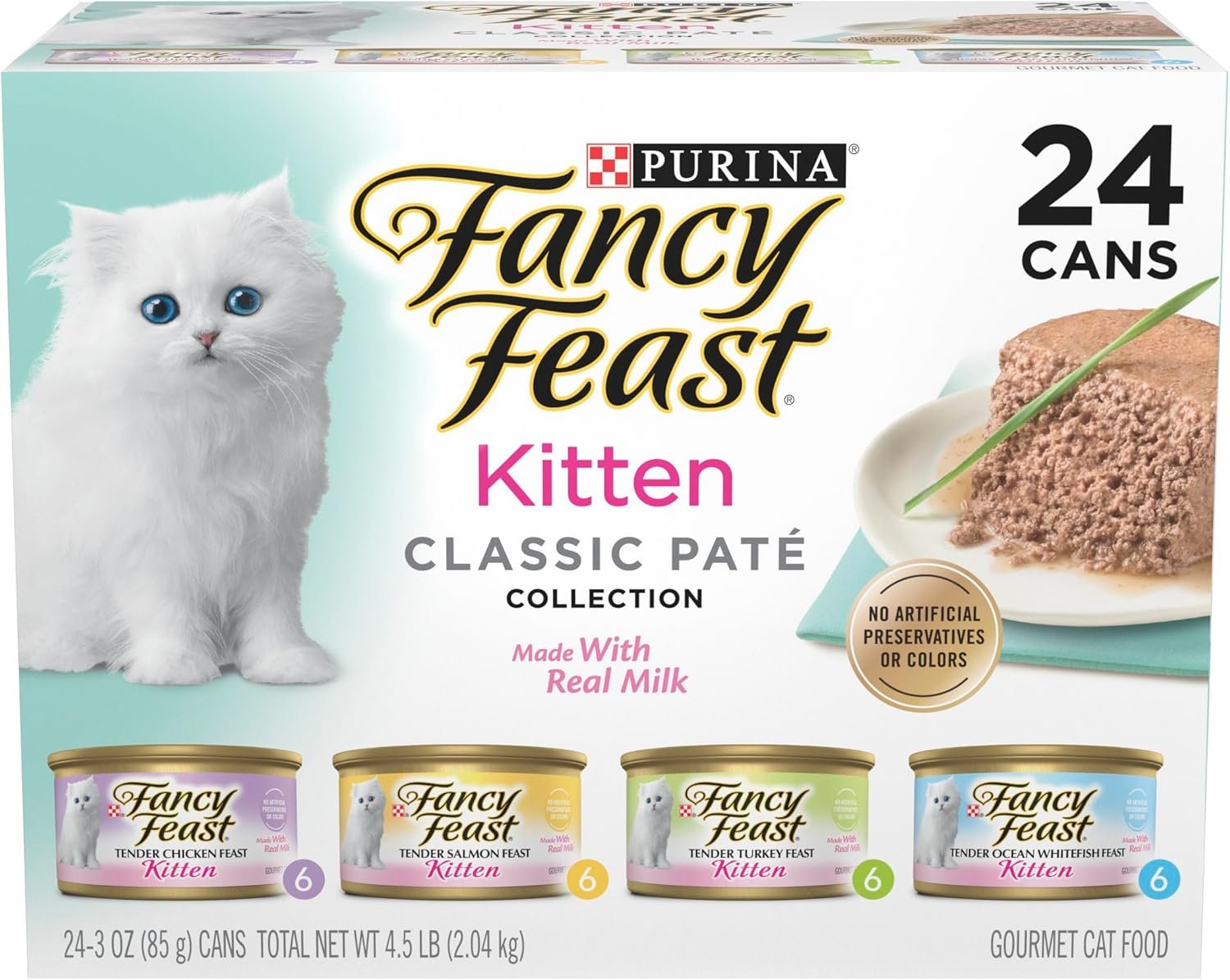 Purina Fancy Feast Wet Kitten Food Variety Pack, 3 oz cans, 24-Pack | Oceanfish, Turkey, Chicken or Salmon Recipes with no artificial colors or preservatives. 100 percent complete and balanced