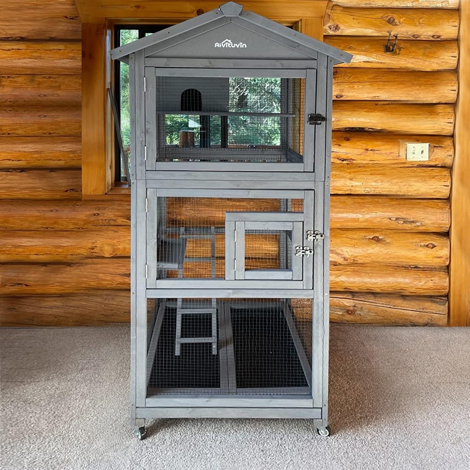 Aivituvin Bird Cages Outdoor Bird Aviary Indoor Parakeet Cage with Perch for Birds, Large Dove cage with Wire Netting Above The Removable Pull Out Tray – Wheels Include