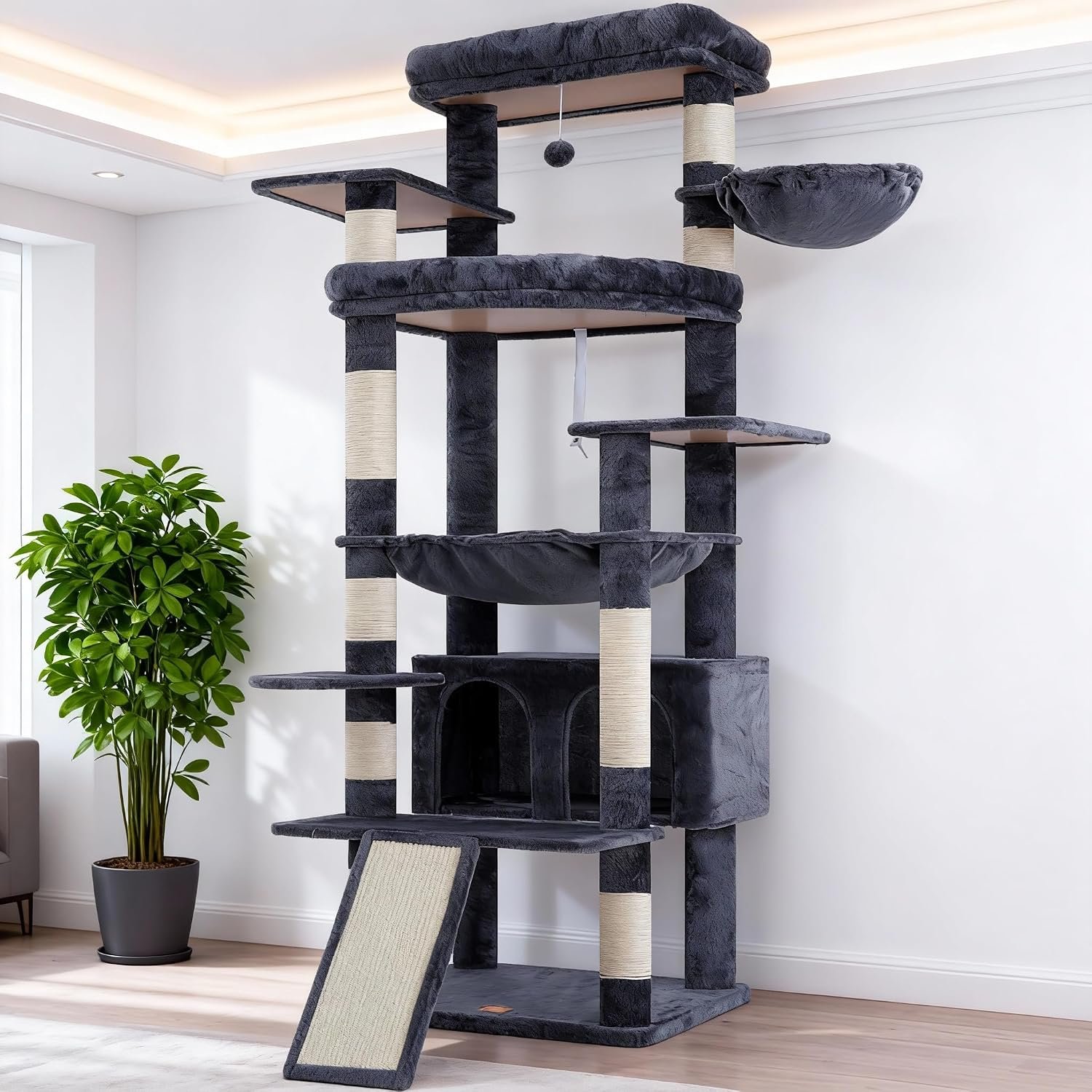 Heybly Tall Cat Tree for Large Cat, 80-inch Multi-Level Cat Tower HCT038G | Condo Furniture for Indoor Cats with Large Baseboard, 2 Widened Plush Perches, Scratching Board, Big Caves, Smoky Gray