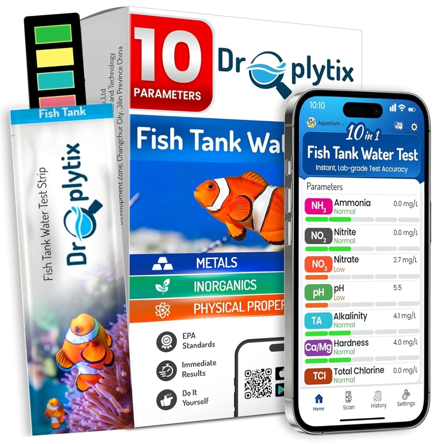 Digital Aquarium Water Test Kit, App-Enabled 10-in-1 Fish Tank Test Kit for Freshwater & Saltwater, Aquarium Test Strips for Fish Tanks, Reef, pH, Ammonia, Nitrate, Nitrite, GH, KH, Chlorine