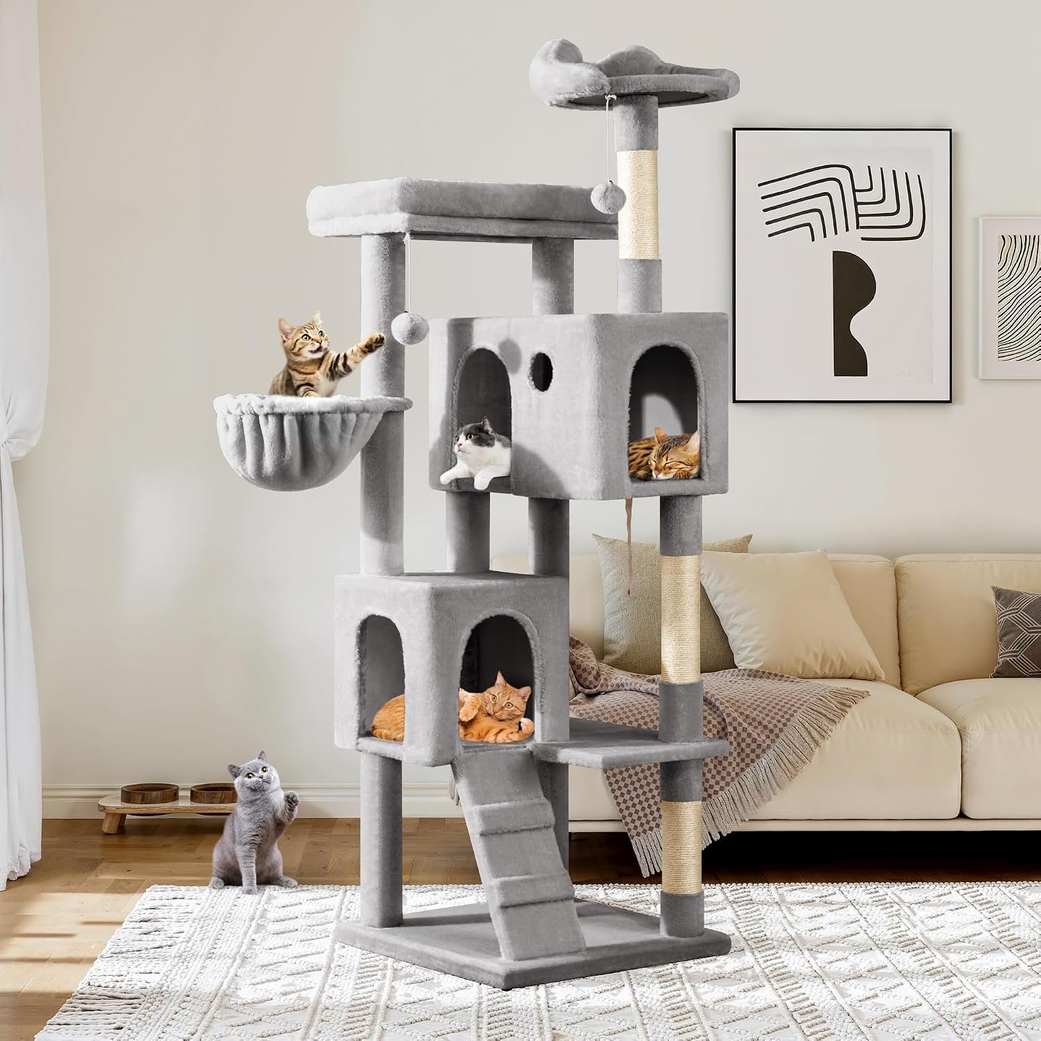 Allewie 64 Inches Multi-Level Cat Tree Tower for Indoor Cats, Grey | Activity Center for Big Felines, 2 Plush Condos, 2 Perches, Cozy Basket, House, Sisal Scratching Posts, Hanging Cat Toys