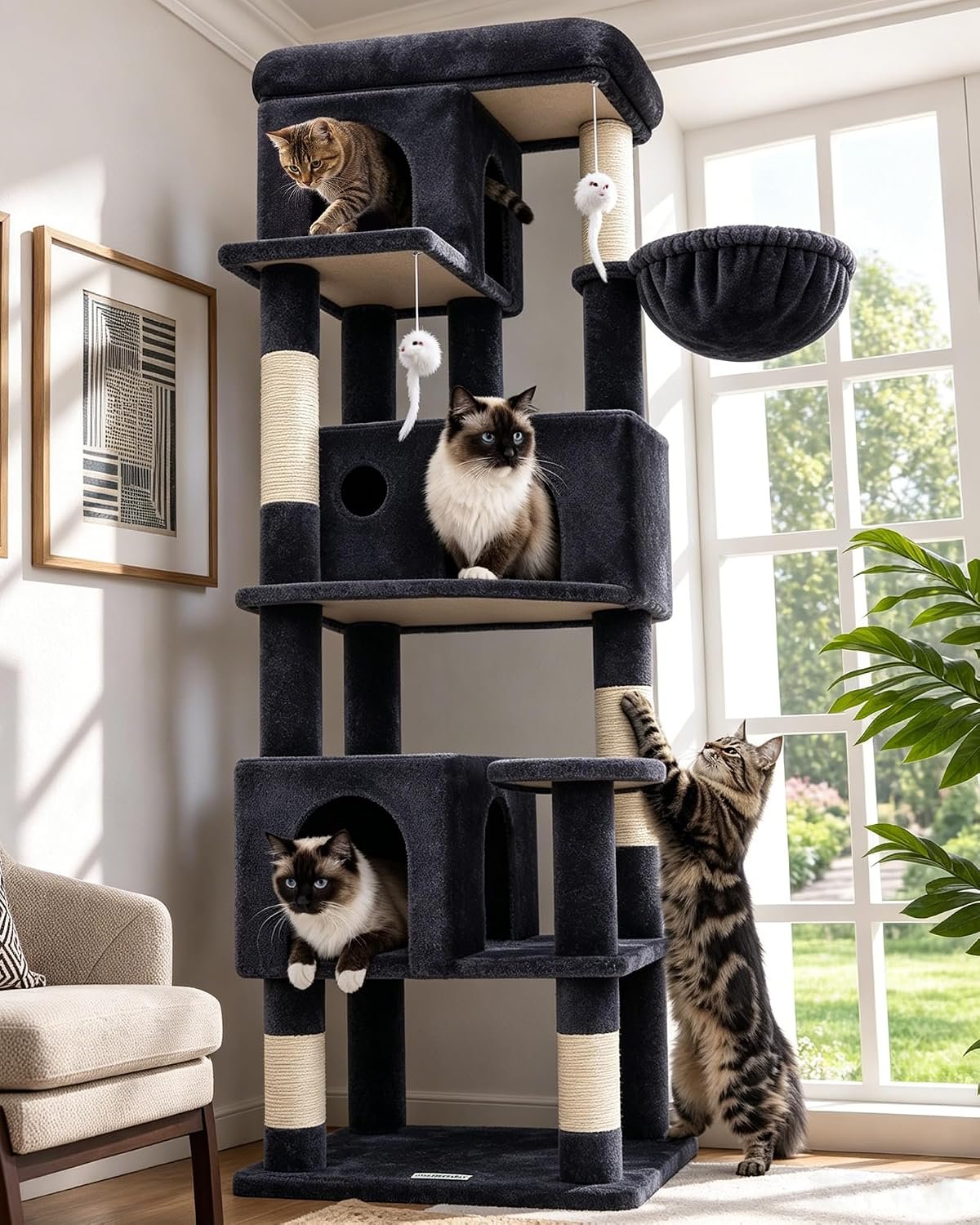 Globlazer F66 Corner Cat Tree, 66in Multi-Level Climbing Tower, Dark Grey | Kitty Condos Cat Scratching Tower for Indoor Multiple Cats with Large Platform, 3 Cat Caves, Hanging Basket