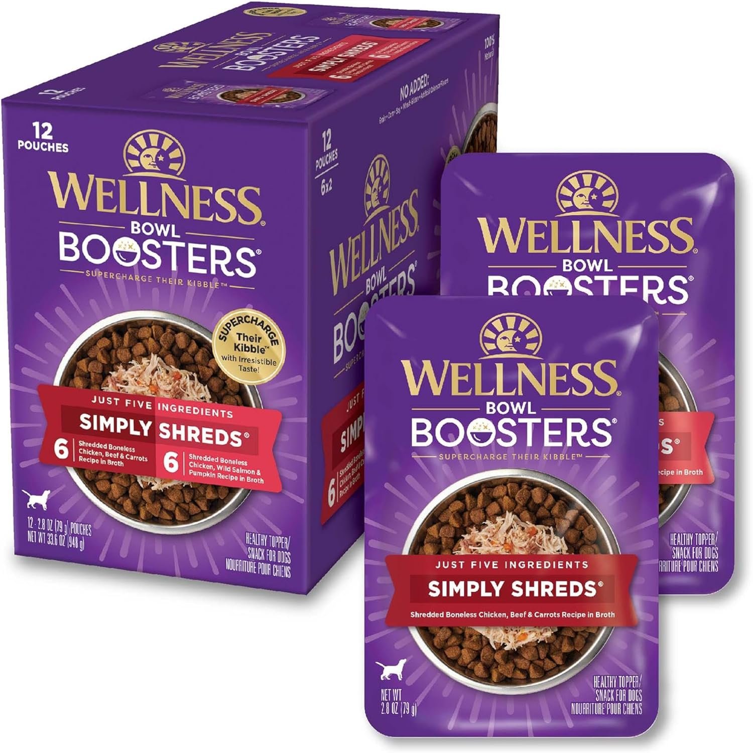 Wellness Bowl Boosters Simply Shreds Variety Pack Wet Dog Food Topper for Small, Medium, and Large Breeds, Grain Free, Natural, Chicken Recipes, 2.8 oz, Pack of 12 Pouches
