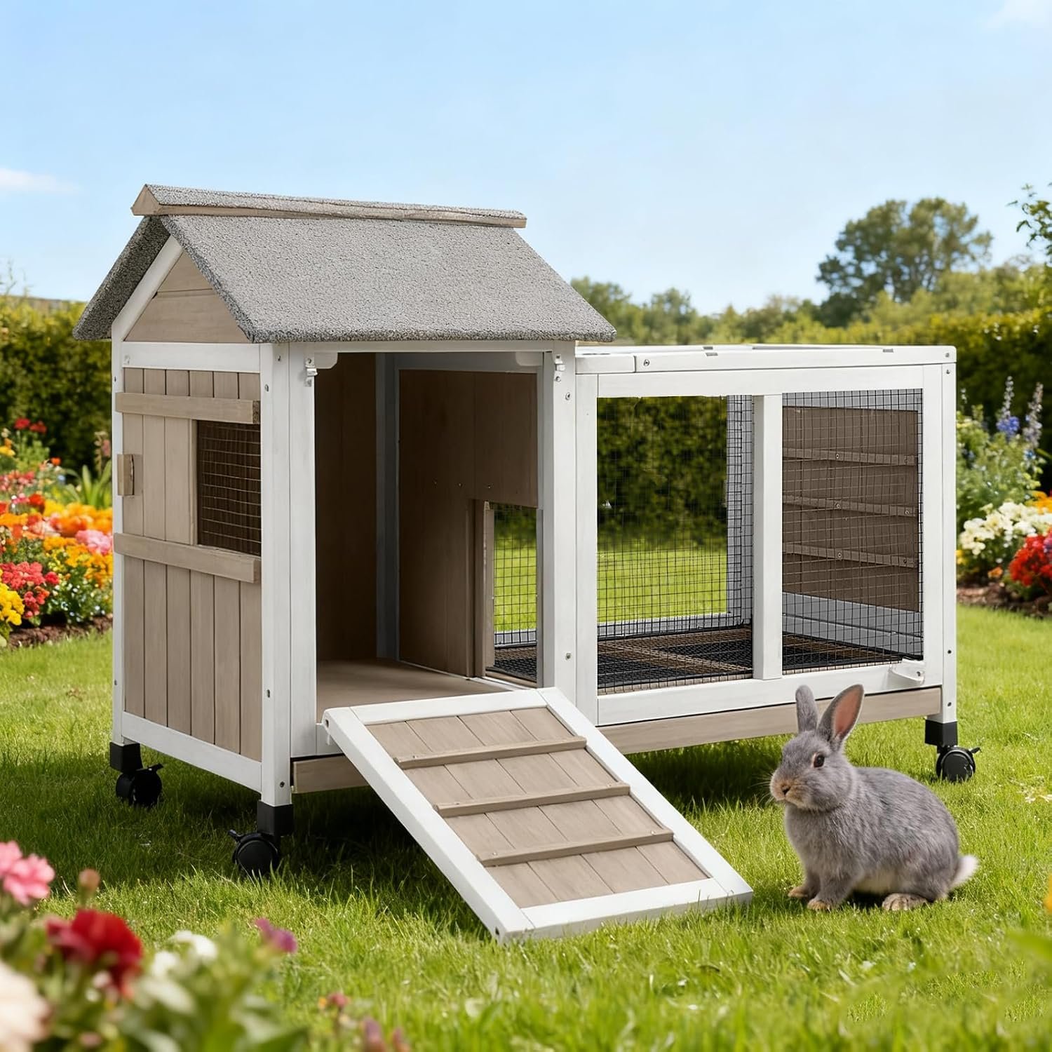 38”L Rabbit Hutch Outdoor with Wheels, Wooden Expandable 2 Story Bunny House Rabbit Cage Indoor with Run, Pull Out Tray, Waterproof Roof, Guinea Pig Cage Chicken Coop for Small to Medium Pets