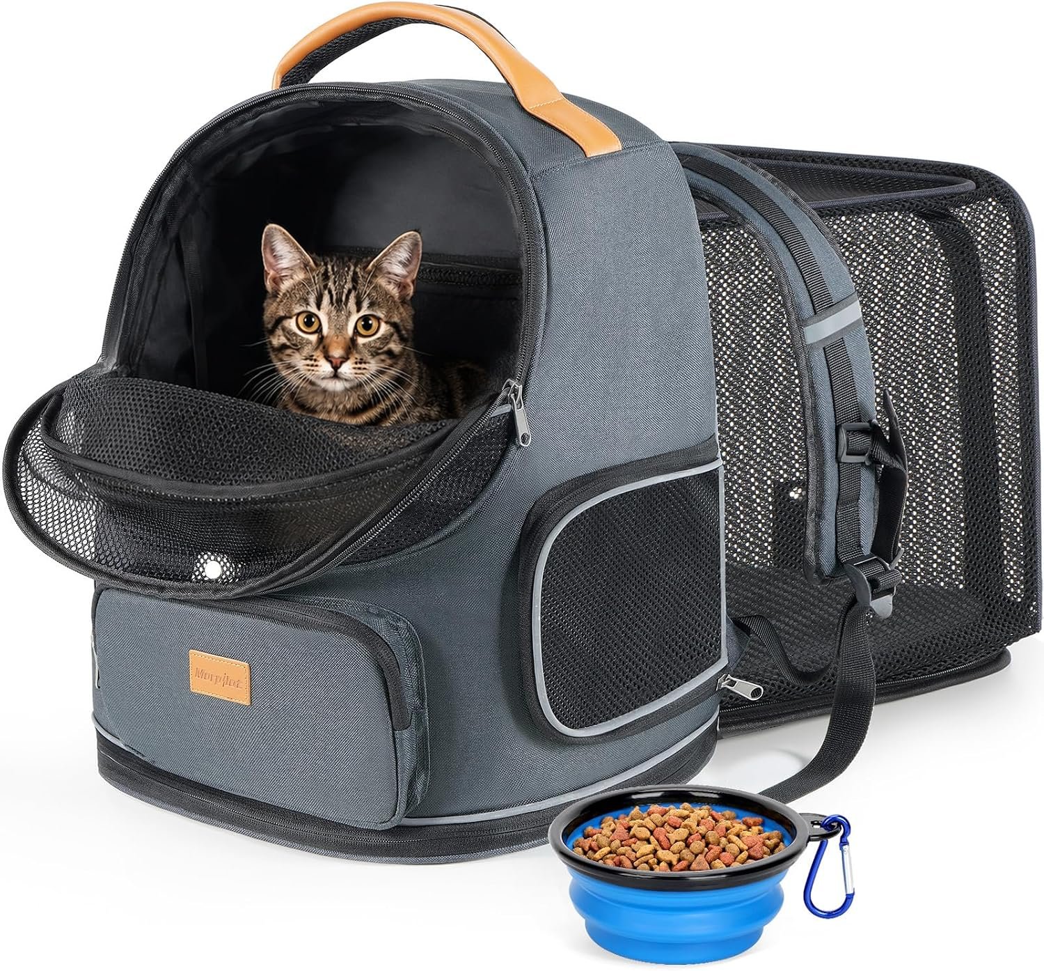 Morpilot Expandable Cat Carrier Backpack for Small Dogs & Cats Up to 12lbs, Breathable Mesh Pet Travel Backpack with Safety Leash, Foldable Airline Approved Carrier for Hiking Camping Outdoor, Grey