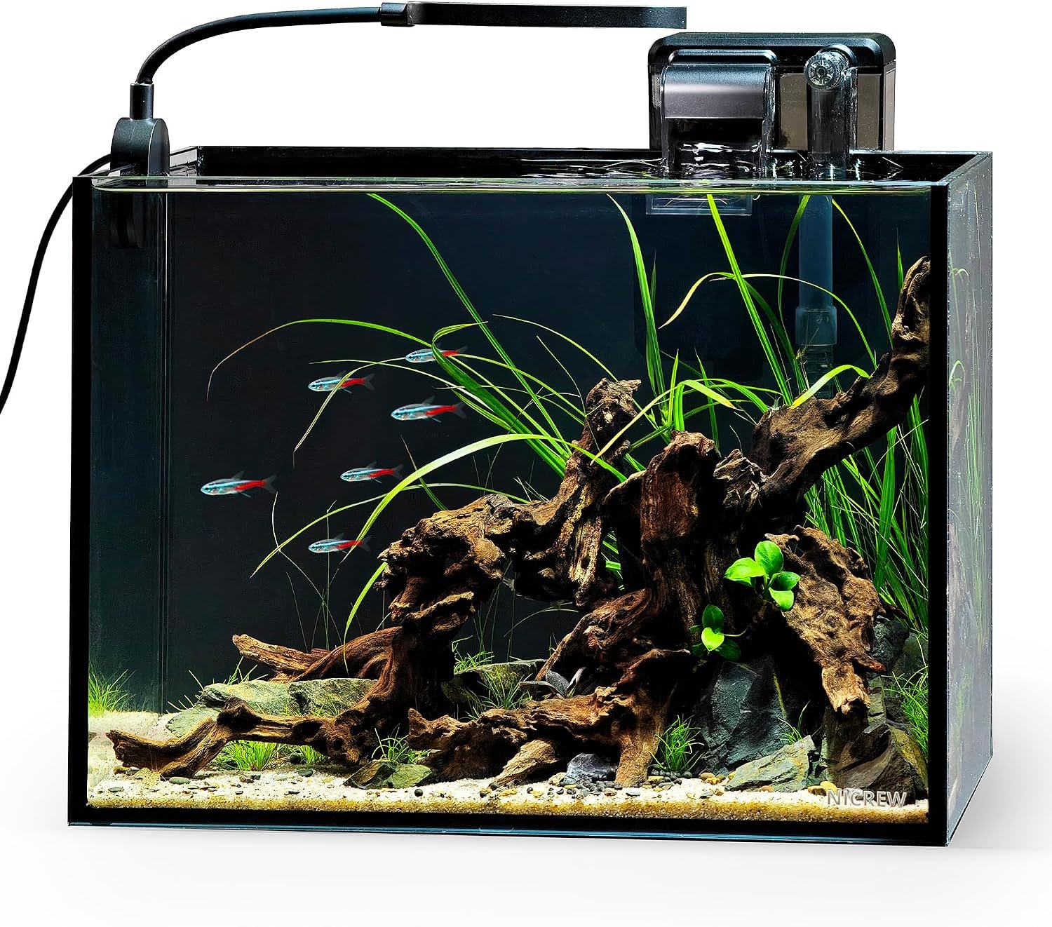 NICREW 2.5 Gallon Nano Nature Aquarium Kit, Ultra-Clear Rimless Desktop Fish Tank with Light and Filter, Perfect for Small Fish, Shrimp, or Betta, Basic Version, Black