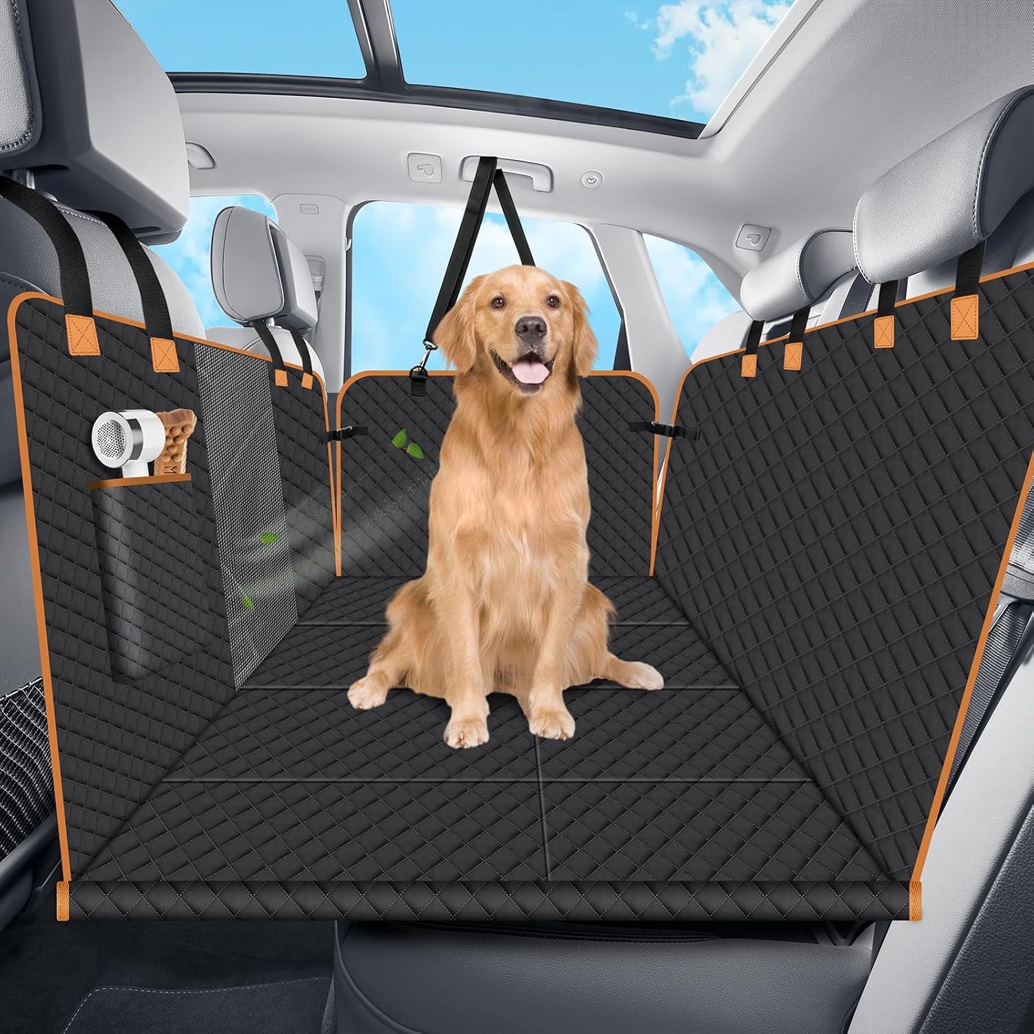 Hard Bottom Dog Car Seat Cover for Back Seat, Holds 420lbs – Waterproof Sturdy Nonslip Hammock for Cars/Trucks/SUVs – Easy to Clean & Safe Backseat Extender for Large Dogs