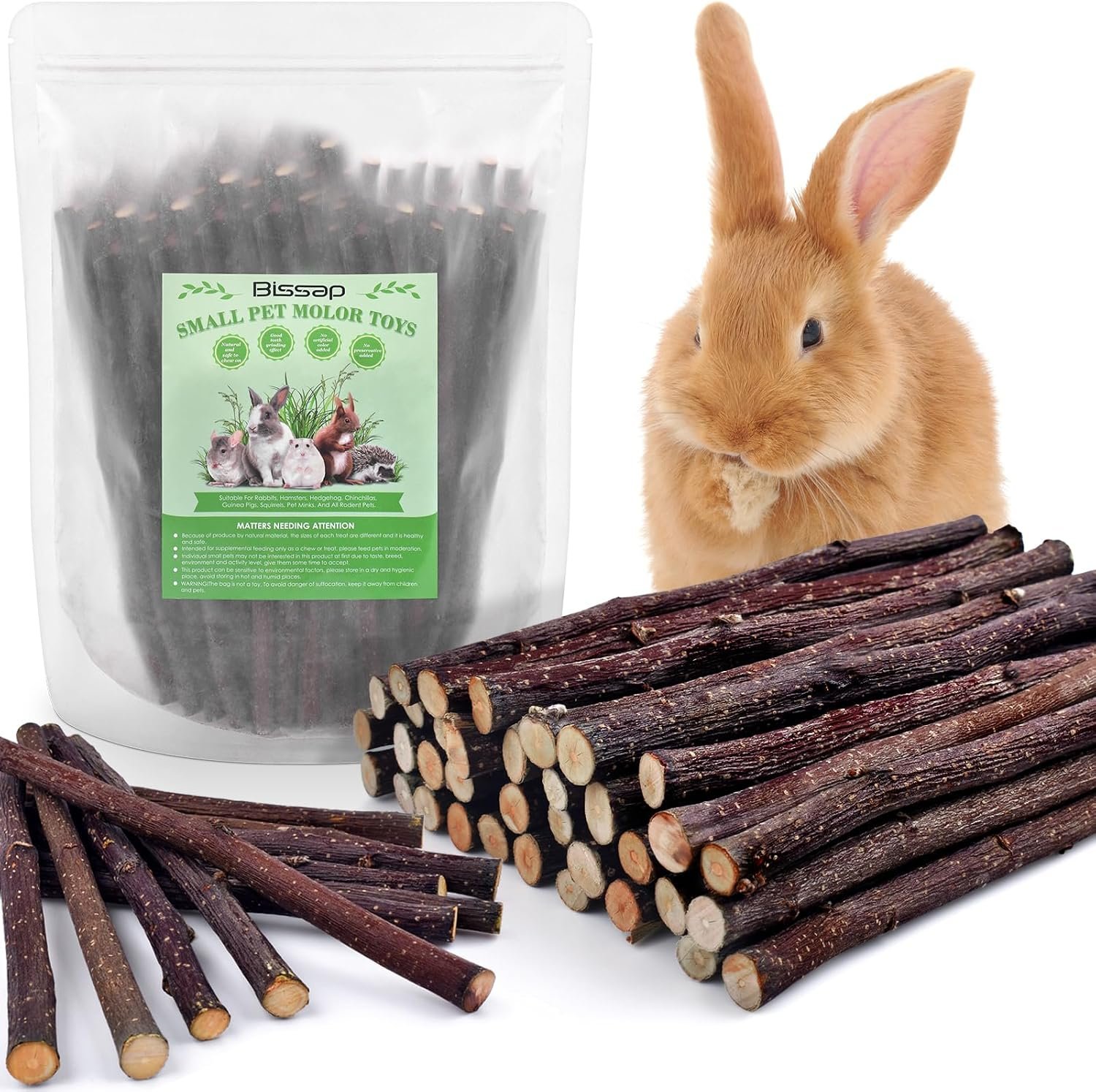 Bissap Apple Sticks for Rabbits, Natural Bunny Chew Toys and Treats for Chinchilla Guinea Pig Hamster Gerbil Small Animals Pet Apple Wood Stick Toys Teeth Grinding (230g/8.1oz)