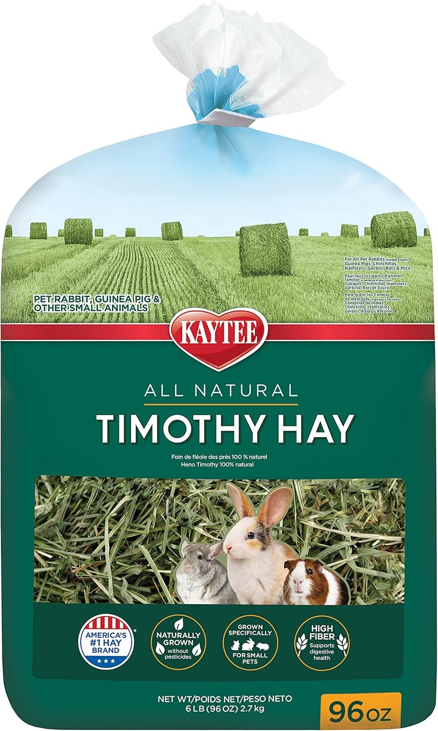 Kaytee Timothy Hay, High Fiber, Grown Specifically for Small Animals, Rabbits, Guinea Pigs, Chinchillas, 96 Ounces