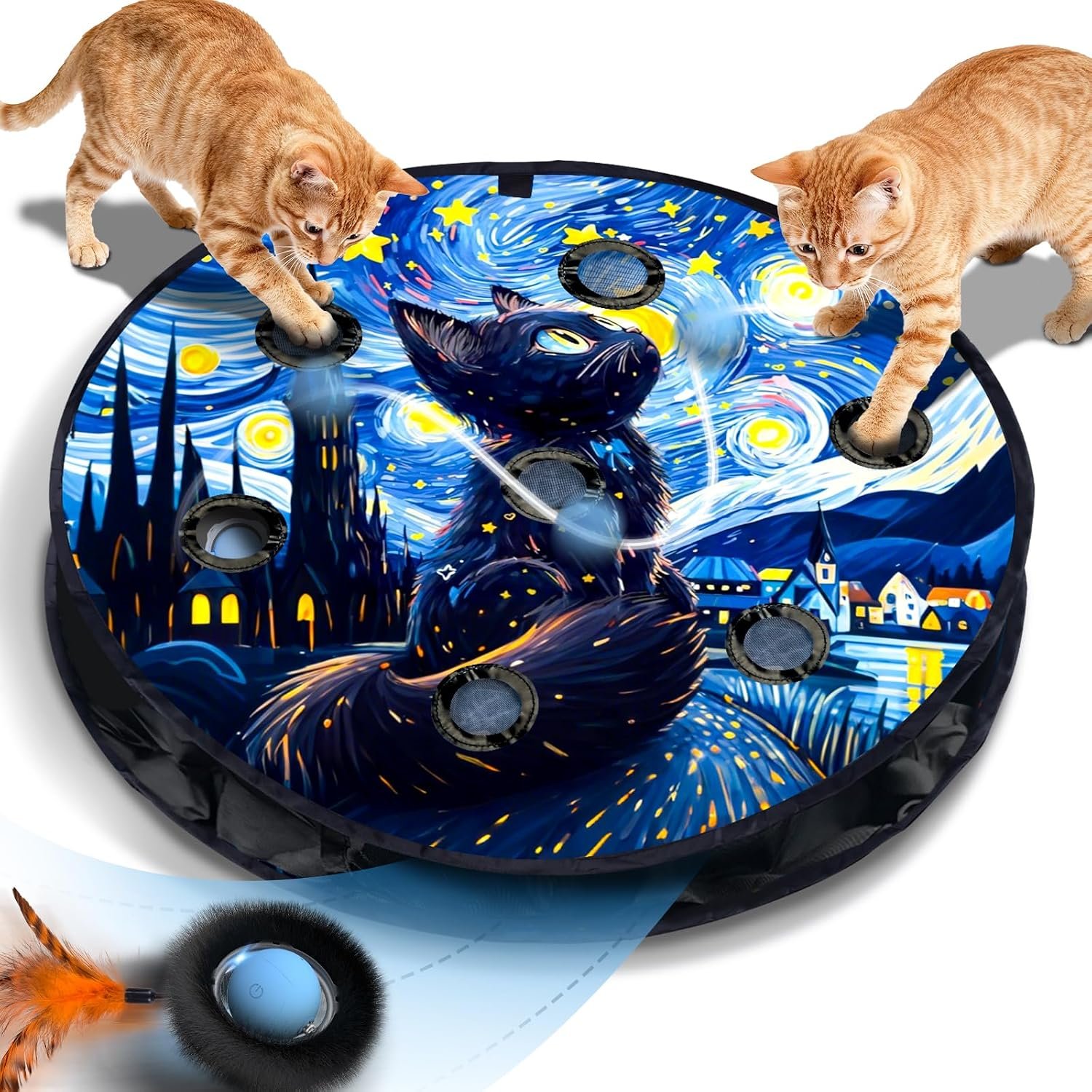 Interactive Cat Toy for Indoor Cats, Motion Activated Ball &7-Hole Maze Mat | Hide and Seek Exercise Game for Indoor Cats, Automatic Moving Cat Ball in Pouch, Rechargeable Kitten Toys (Starry Night)