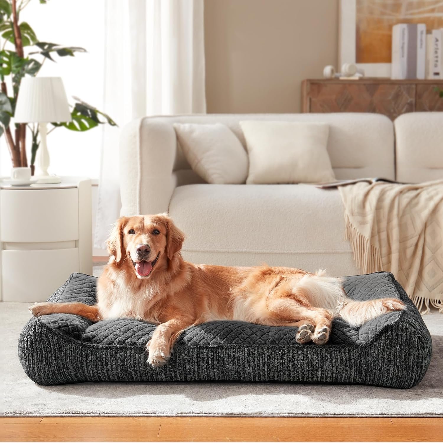 JOEJOY XL Orthopedic Dog Bed for Large Dogs, Extra Thick Foam Pet Bed Sofa | Bolster Sides, Large Sized Dog Couch Bed with Removable Washable Cover, Non-Slip Bottom, Grey (42″x30″)