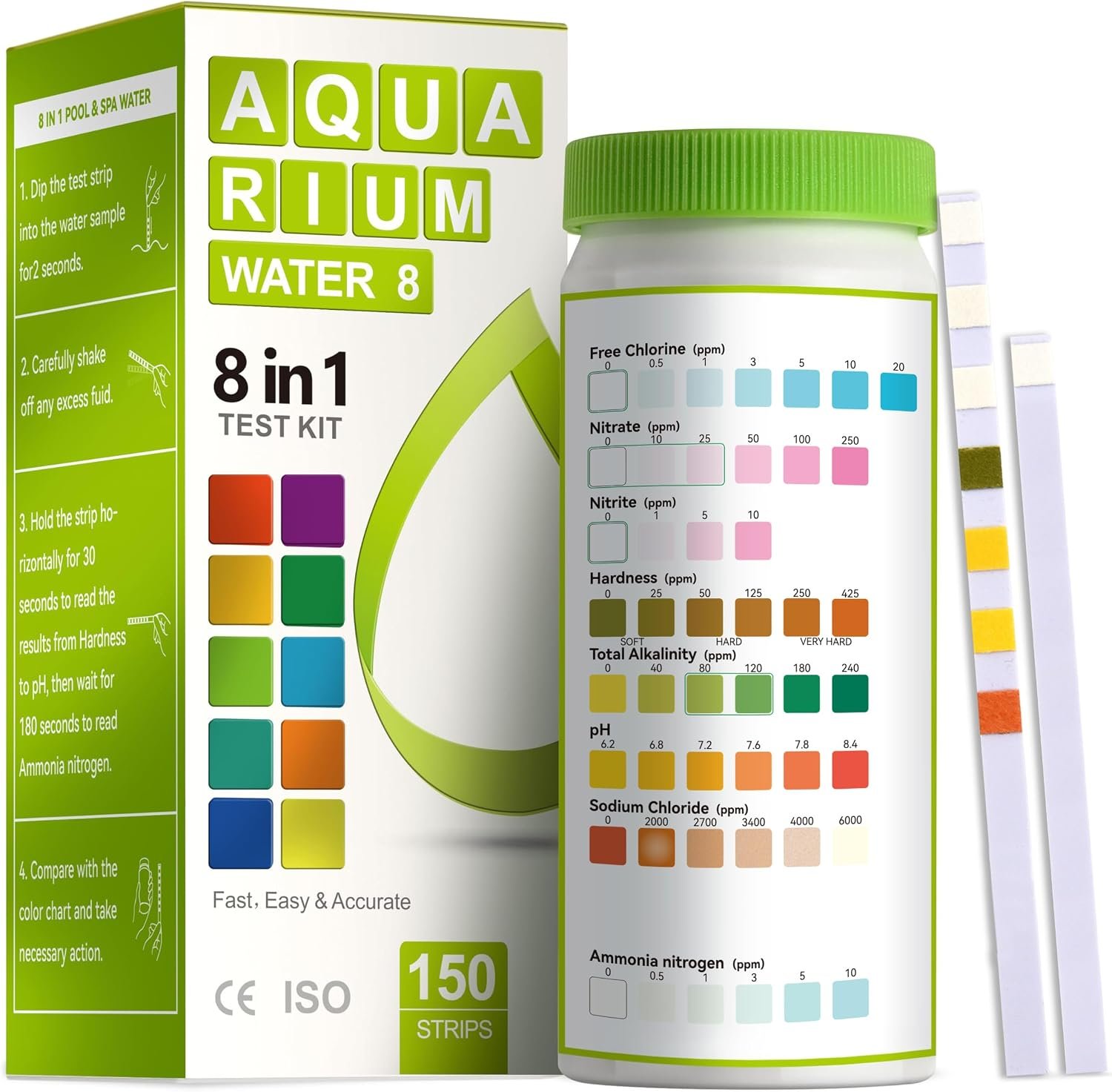 AAwipes 8-in-1 Aquarium Test Kit (150 Strips) for Freshwater & Saltwater – Quick & Accurate Water Testing for Aquariums & Ponds. Tests Free Chlorine, Hardness, pH, Ammonia Nitrogen, etc. (K02-150)