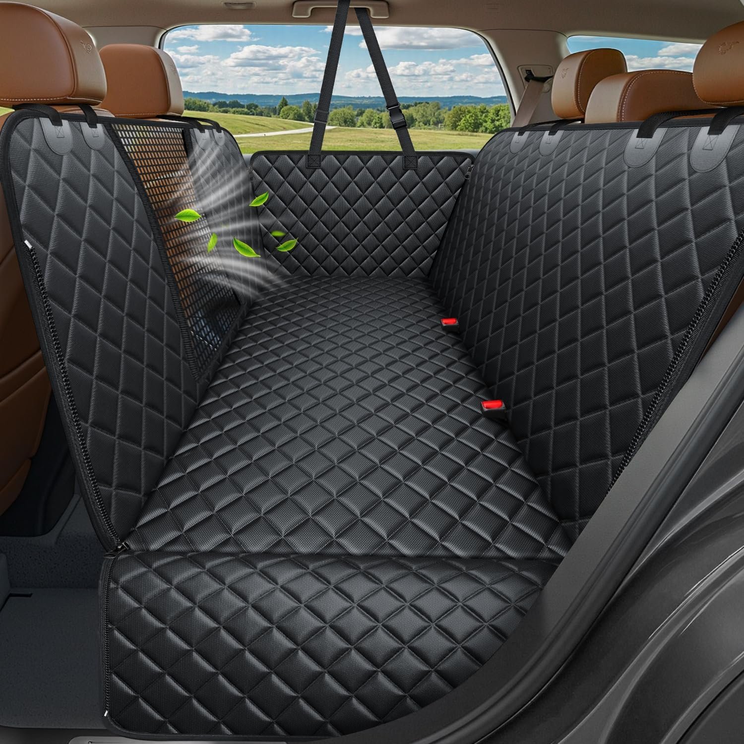 URPOWER 4 in 1 Dog Car Seat Cover for Back Seat, Waterproof Hammock | Mesh Window, Side Flaps, 600D Oxford, Scratch Resistant, Non-Slip, Easy Install, Machine Washable, Dog Seat Belt Included