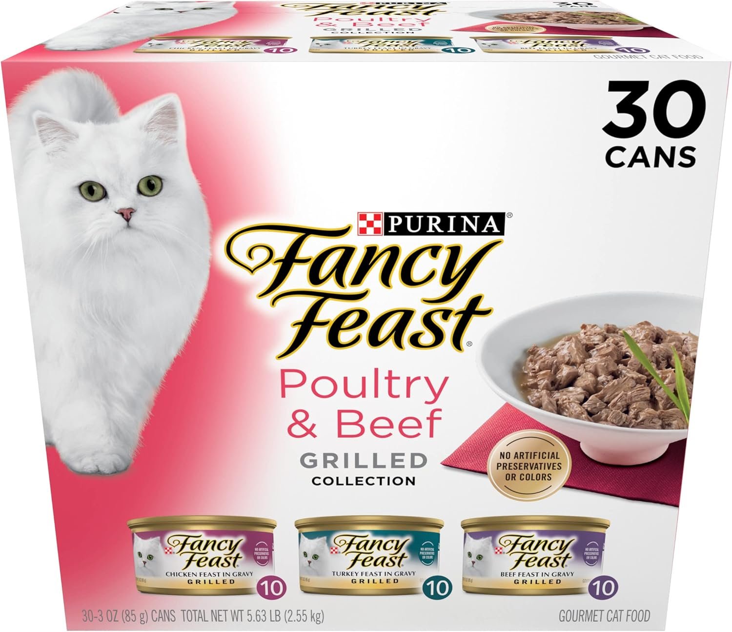 Purina Fancy Feast Grilled Wet Cat Food, Poultry & Beef, 3 oz cans, 30-Pack | Variety Pack, tender grilled texture made with no artificial colors or preservatives, 100 percent complete and balanced