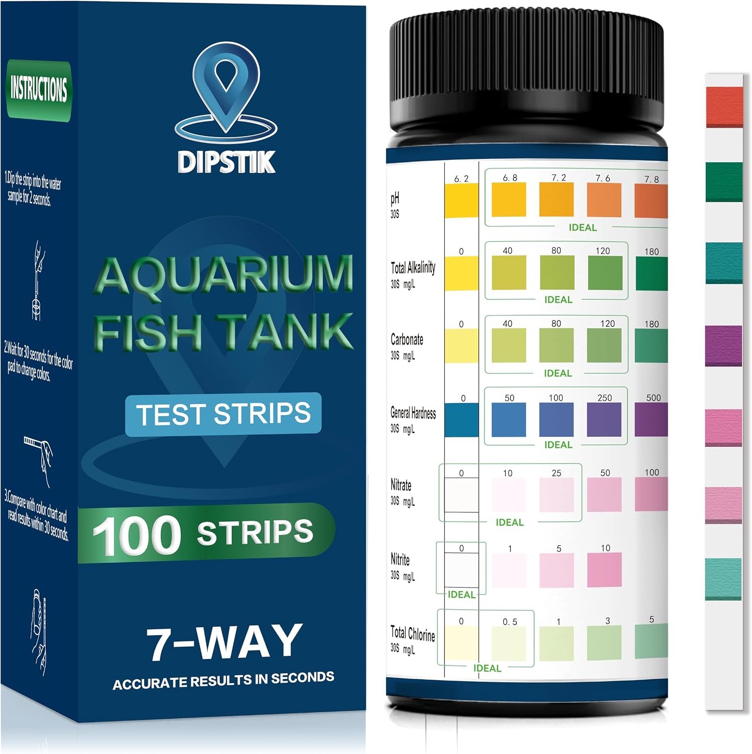 Aquarium Test Strips,7-Way Freshwater Saltwater Fish Tank Pond Test(100ct) | Nitrate, Nitrite, Chlorine, Hardness, Alkalinity, Carbonate, pH