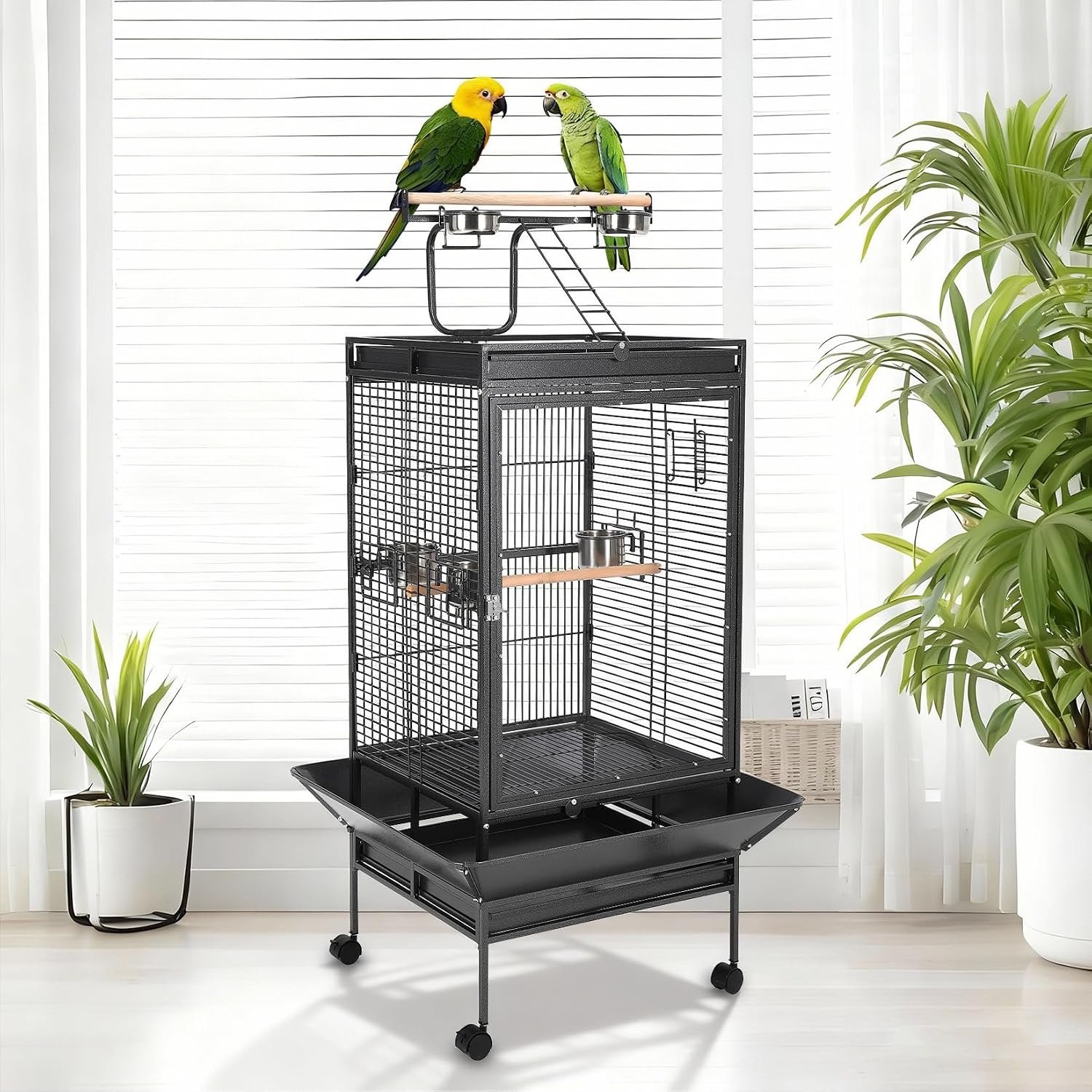 Large Metal Parrot Cage for Birds, Heavy-Duty Aviary with Acrylic Door, Perches, Stainless Steel Bowls & 360° Wheels, Secure 64.4″ Tall Pet Bird Cage for Macaws Cockatoos African Greys