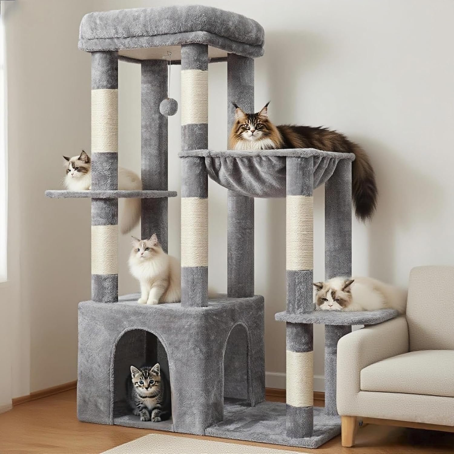 Heybly Heavy Duty Cat Tree with Large Base for Large Indoor Cats HCT026W | Cat Tower with Scratching Posts, Tall Cat Condo House , Multi-Level Plush Furniture with Hammock & Toy Balls, Light Gray