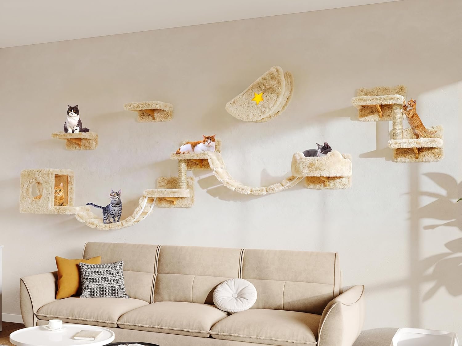 13-in-1 Cat Wall Shelves, Moon & Bridge Cat Wall Furniture, Beige | Wall Mounted Cats Shelf Set with Plush Fabric, Cat Climbing Systems for 16 Inch Drywall, Condo, Scratching Post, Space-Saving