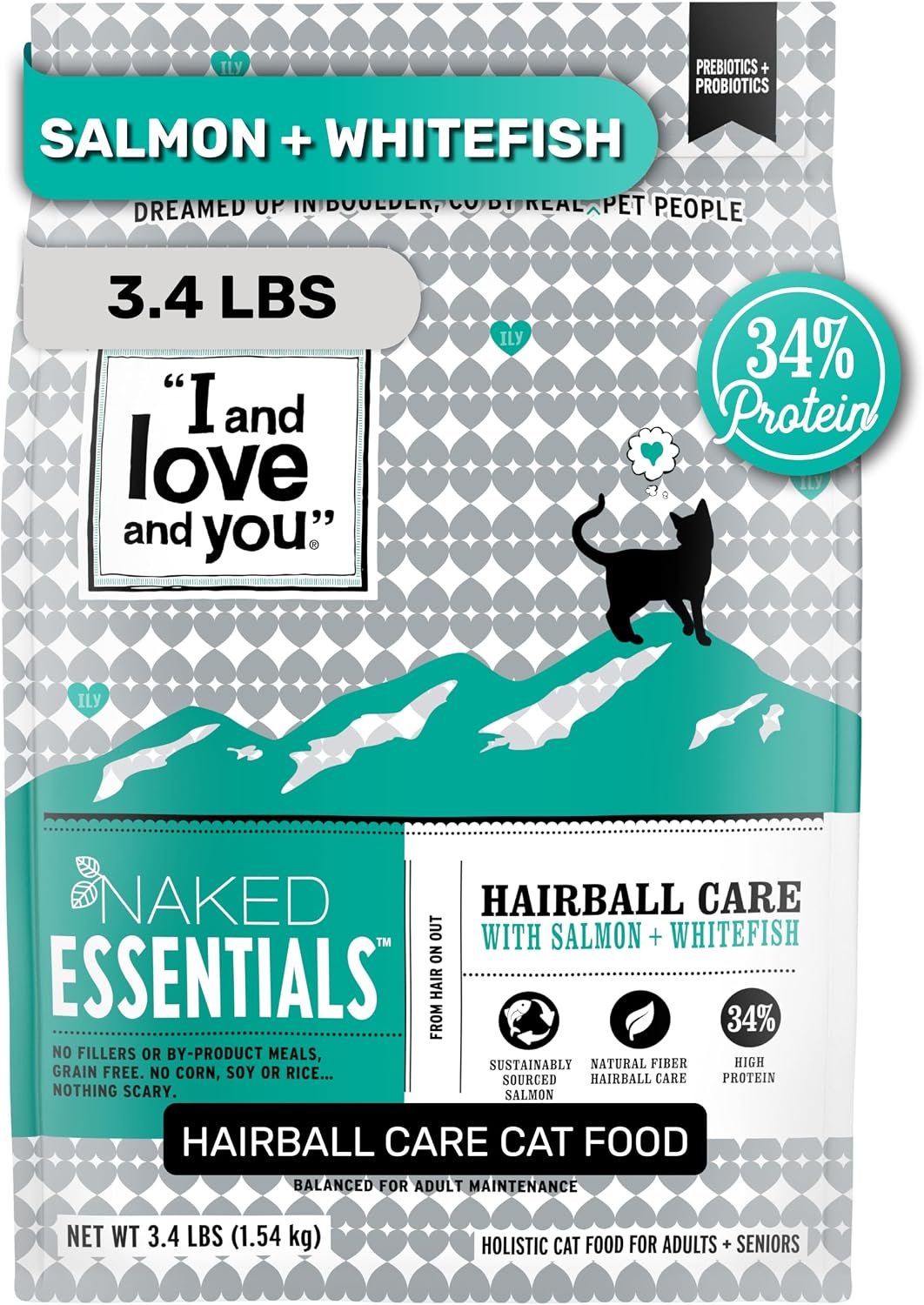 I AND LOVE AND YOU Naked Essentials Dry Cat Food – Salmon + Whitefish for Hairball Care – Grain Free, Real Meat, No Fillers, 3.4lb Bag