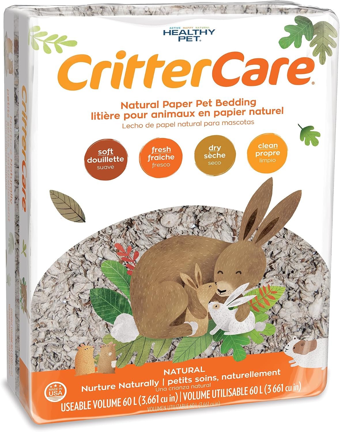 CritterCare Natural Paper Small Pet Bedding – Odor Control, Unscented, 99% Dust Free, Super Absorbent, Natural, 60L, Great for Guinea Pig Bedding, Rabbits, Hamsters, Gerbils, Mice, Rats