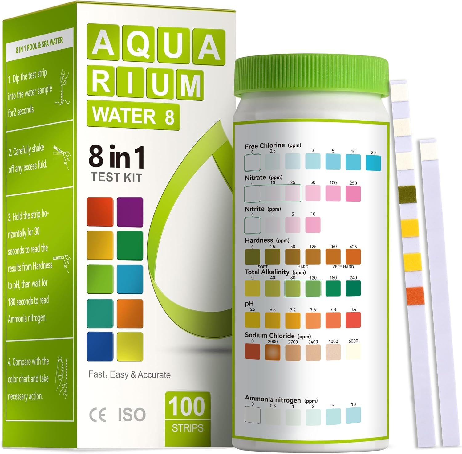 AAwipes Aquarium Ammonia Test Strips 8-in-1 |100 Strips | Quick & Accurate Water Testing for Freshwater & Saltwater Tanks -Test pH, Sodium Chloride, Alkalinity, Hardness, Chlorine etc. (K02-100)