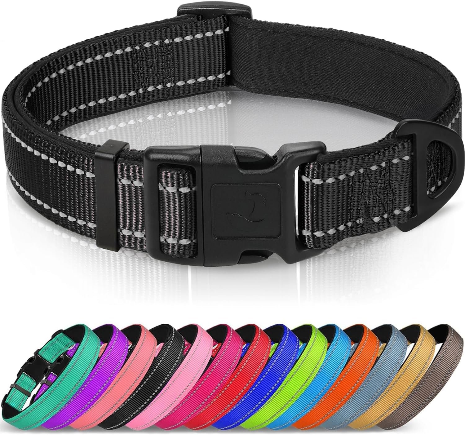 Joytale Reflective Dog Collar, Adjustable Neoprene Padded, Black L | Breathable Nylon for Large Dogs, No Chafing on Walks and Outdoor Hikes, Tear-Resistant Webbing, Metal D-Ring, Night Safety