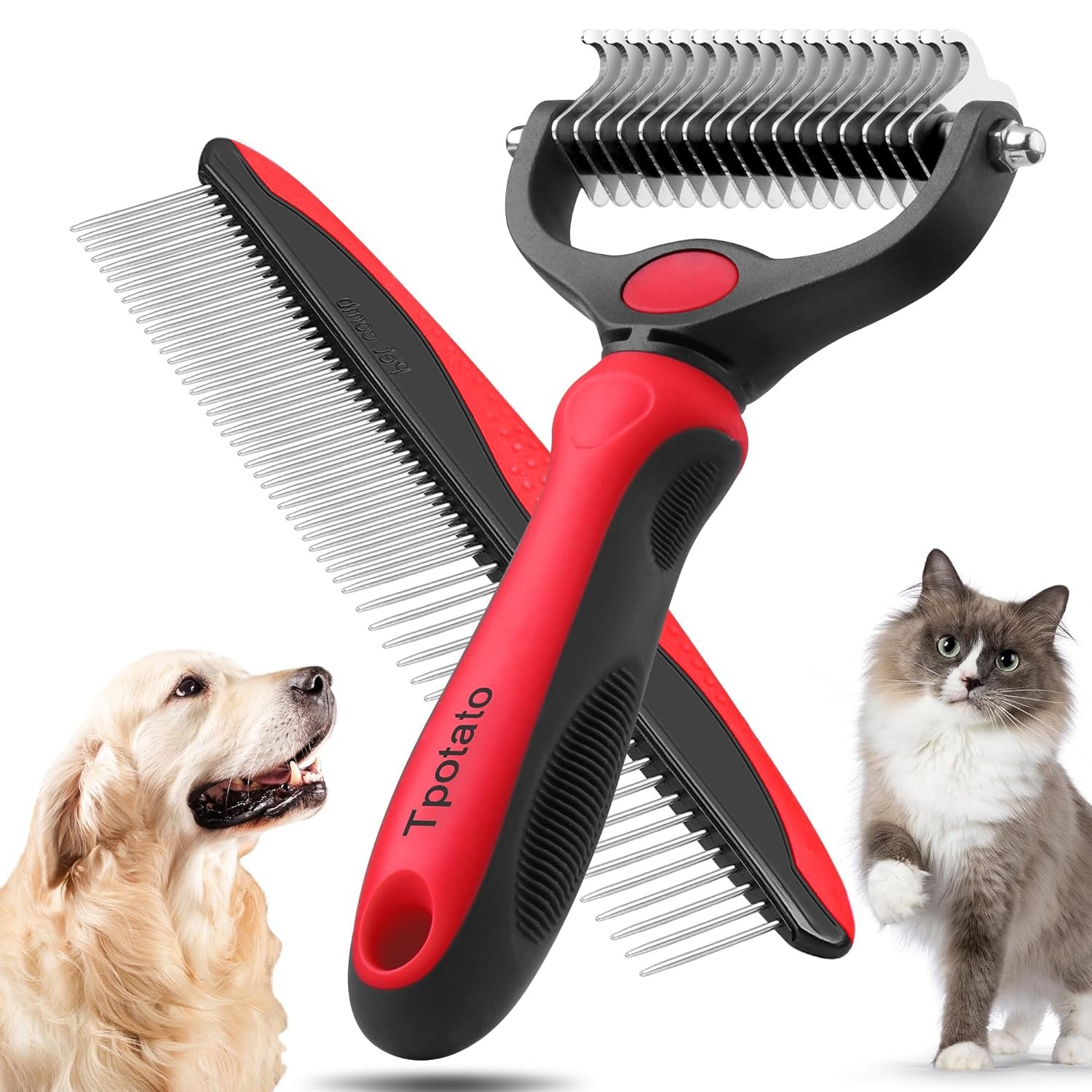 Tpotato Deshedding Dog Brush for Long Haired Dogs Cats,Undercoat Shedding Rake for Dematting Detangling Tangles Matted Fur and Knots,Metal Pet Comb,Professional Pet Grooming Supplies Tool Kit,Red