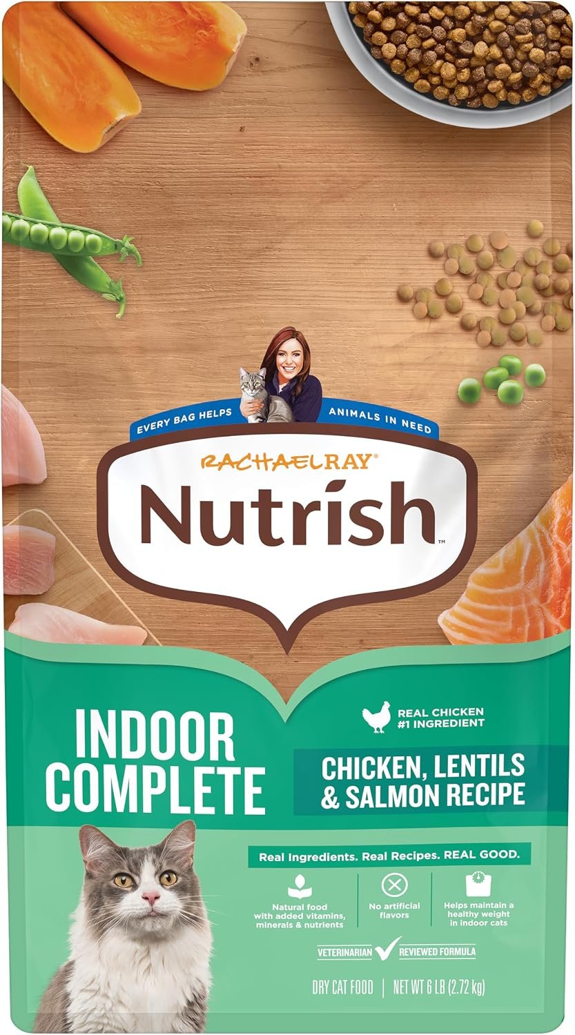 Nutrish Indoor Complete Dry Cat Food, 6 lb. Bag (Rachael Ray) | Chicken, Lentils & Salmon Recipe, Crafted for Adult Indoor Cats, Veterinarian Reviewed Formula