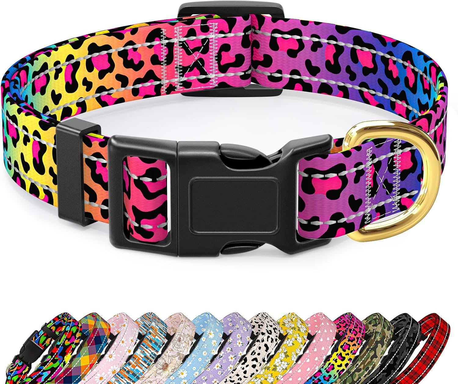 Reflective Dog Collar for Small Dogs, Neon Leopard Pet Collar, S | Neck Fit 10-16″, Stylish Print Design, Heavy Duty Adjustable, Breathable Soft Nylon, Quick-Release Clip, Night for Safe Walks