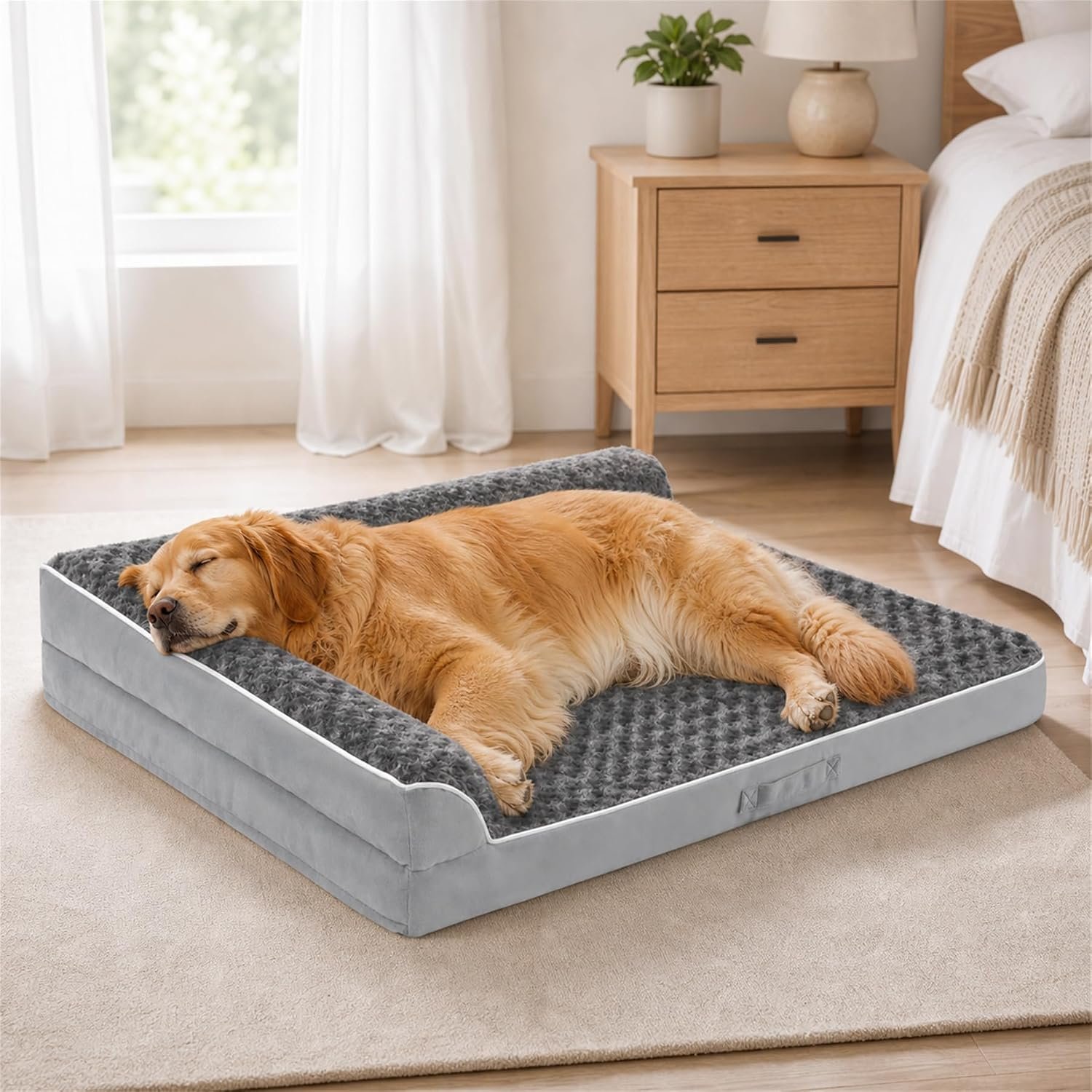 Dog Beds Large Sized Dogs, XL Orthopedic Dog Beds for Large Dogs 42″x30″x7.5″, Waterproof Pet Bed with Washable Cover, L-Shaped Pet Couch with Portable Handle, Grey