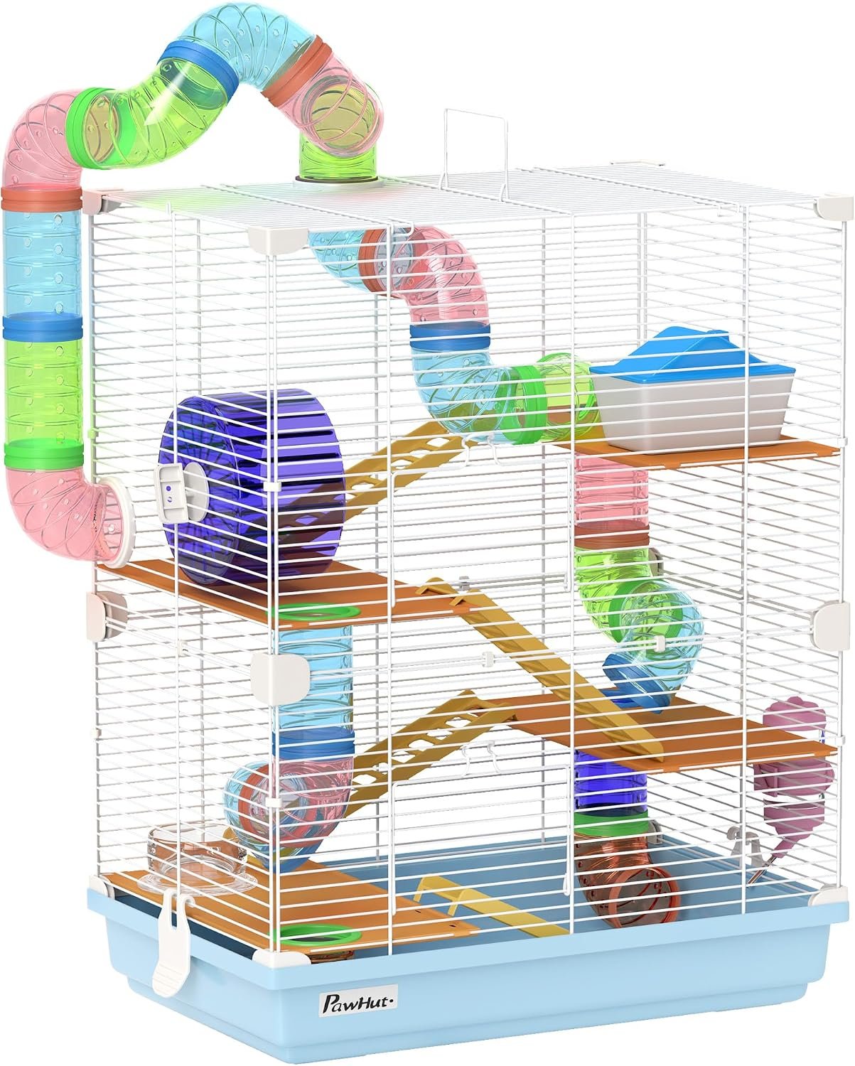 PawHut 18″ 5 Tier Hamster Cage with Tubes and Tunnels, Small Animal Cage with Portable Carry Handle, Gerbil Cage with Water Bottle, Food Dish, Exercise Wheel, Light Blue | Small Animal Cage, Portable Carry Handle, Water Bottle, Food Dish, Exercise Wheel
