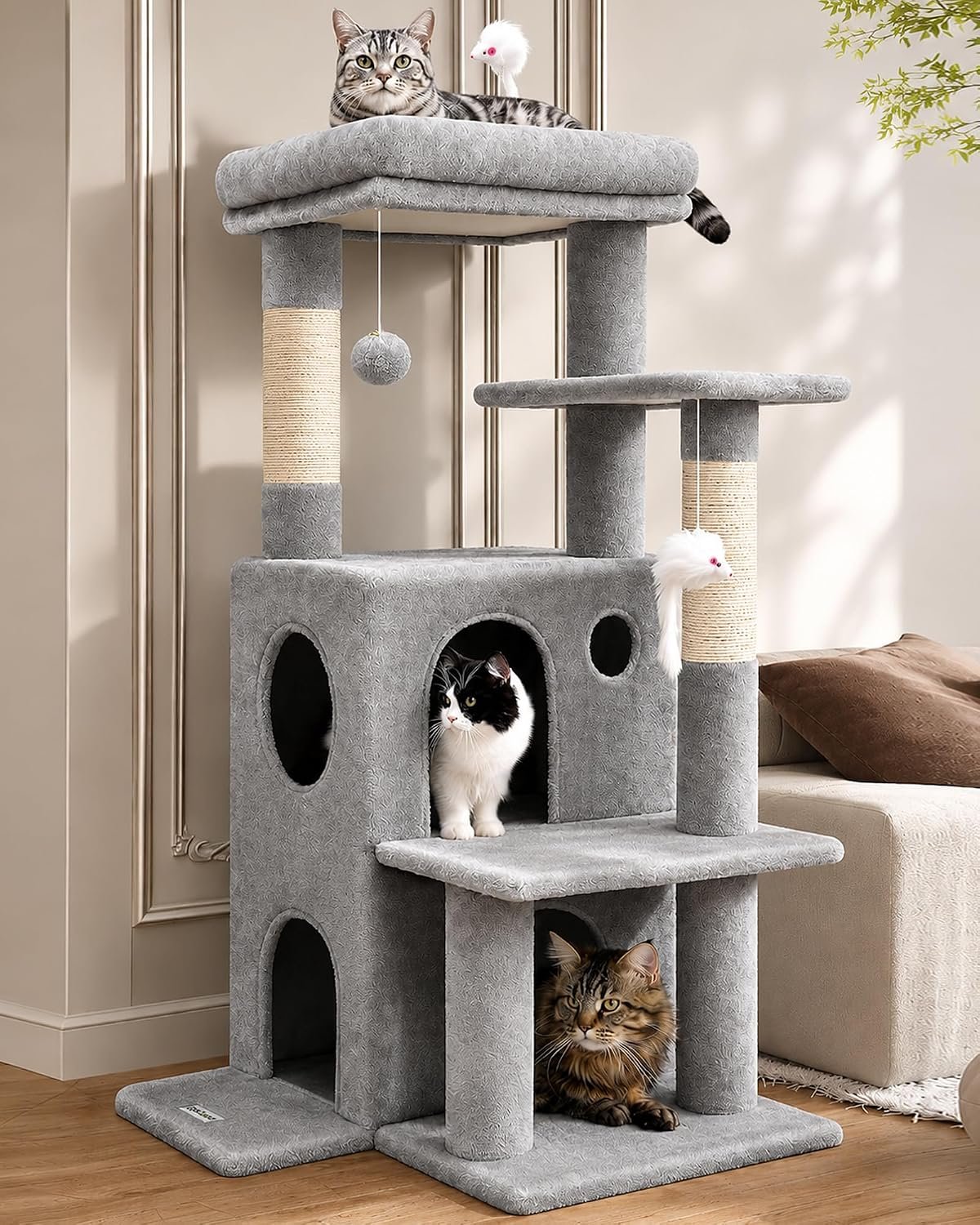 Globlazer Cat Tree Tower for Indoor Cats, 50-inch Adult Cat Tree House for Large Adult Cats with Steps, Scratching Post, 2 Cat Caves, Dangling Toys, FC50, Light Grey