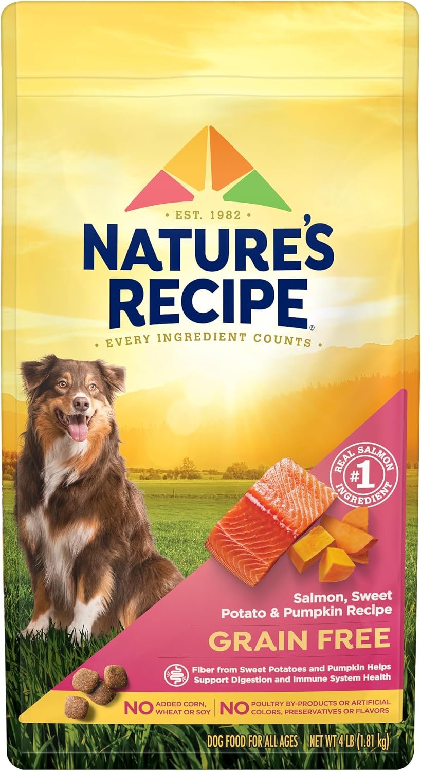 Nature’s Recipe Grain Free Easy to Digest Salmon, Sweet Potato and Pumpkin Recipe Dry Dog Food, 4-Pound | Fiber From Sweet Potatoes & Pumpkin Helps Support Digestion and Immune System Health